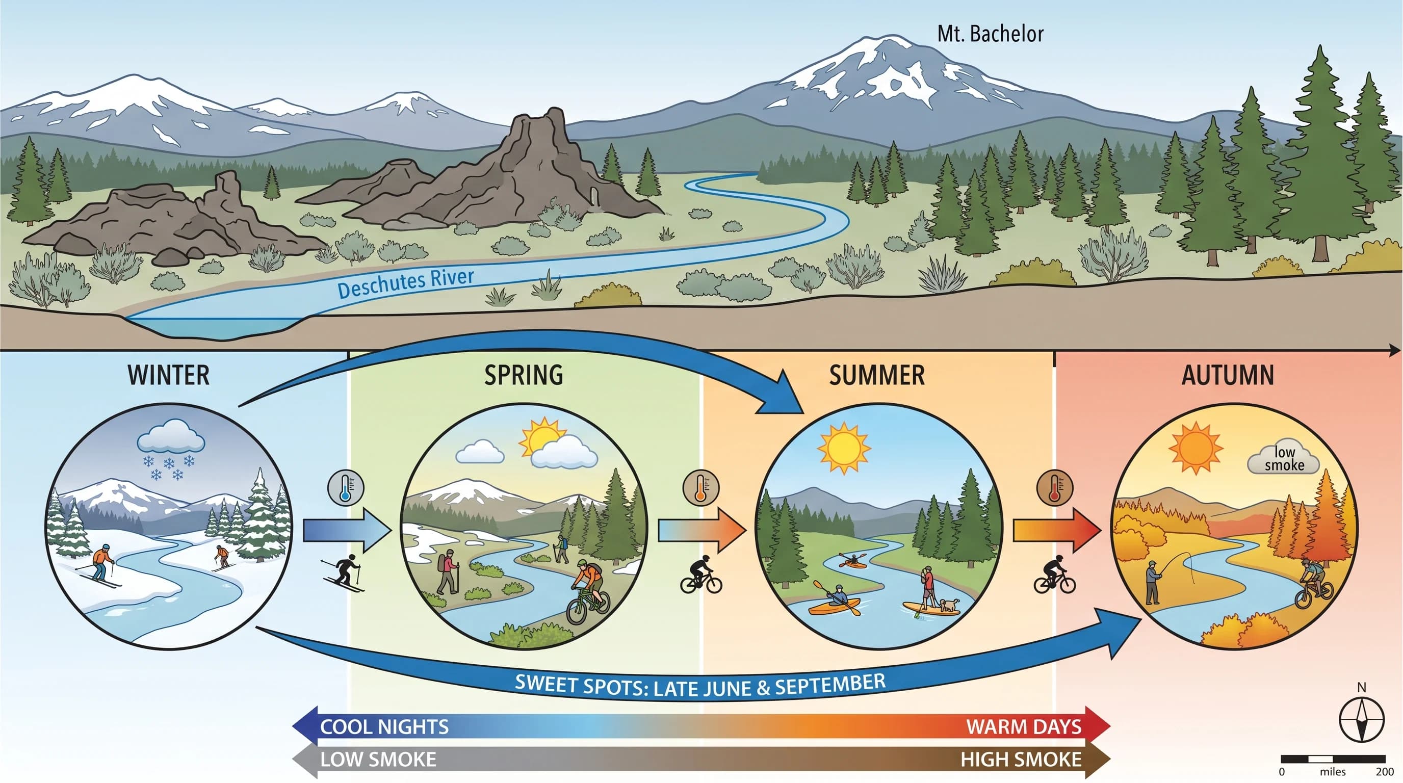 Matrix of the best months to visit Bend by goal: weather, skiing, low smoke, and crowds