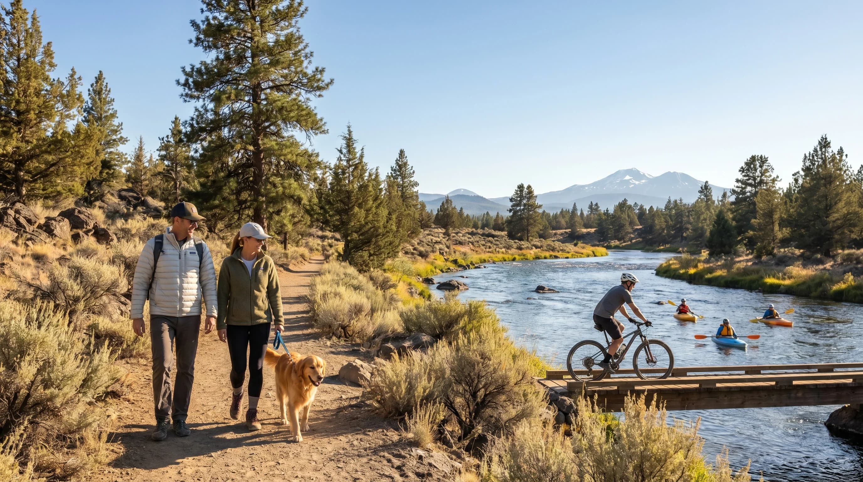 A clear warm early-September day on the Deschutes River in Bend with people enjoying the trails