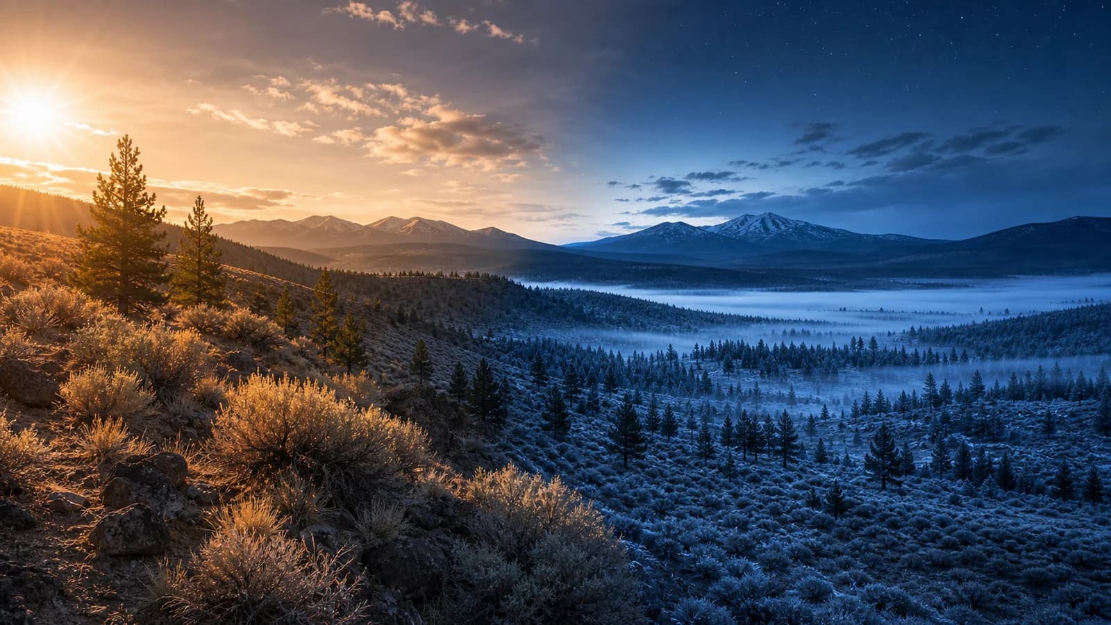 High desert ridge in warm sun beside a frosty cold basin at night showing Central Oregon day-to-night temperature swings
