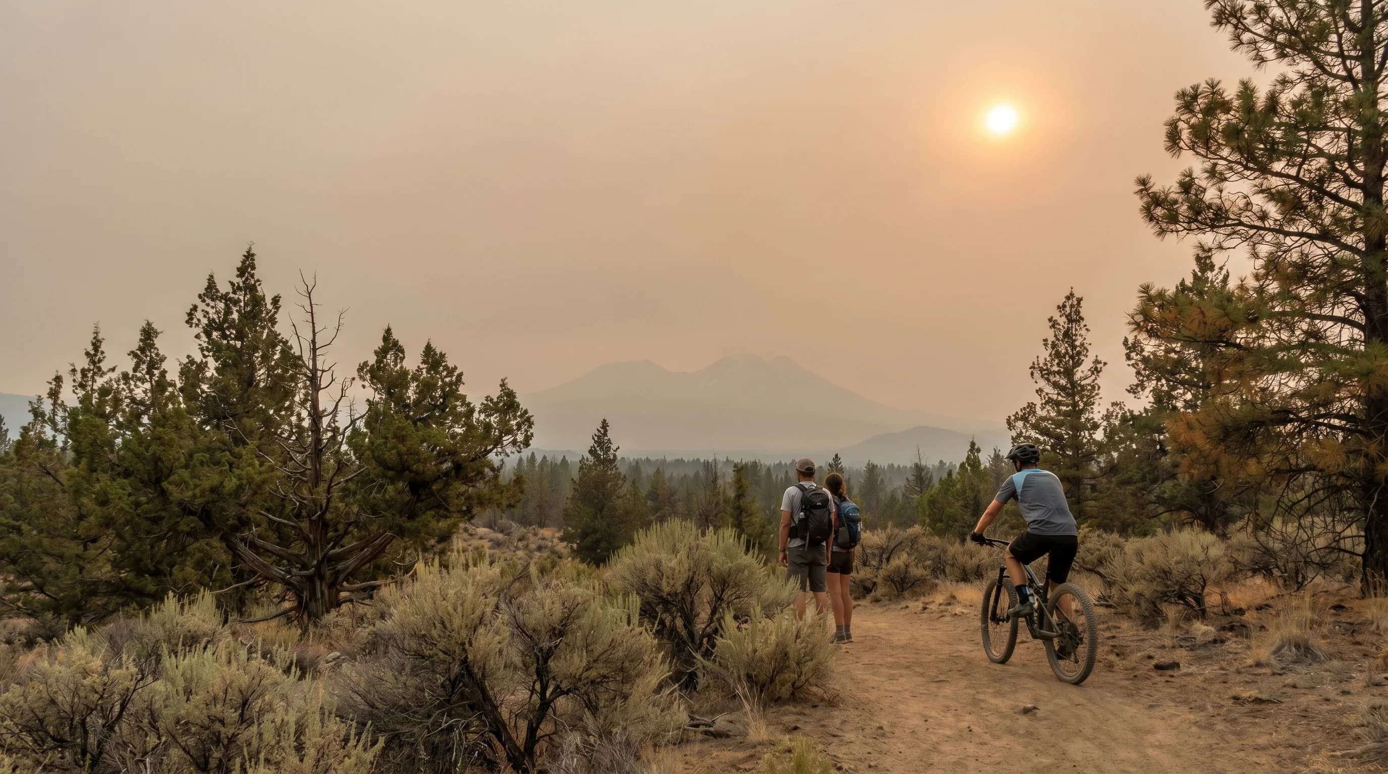 A hazy orange-tinted summer afternoon in Bend with smoke obscuring the Cascades