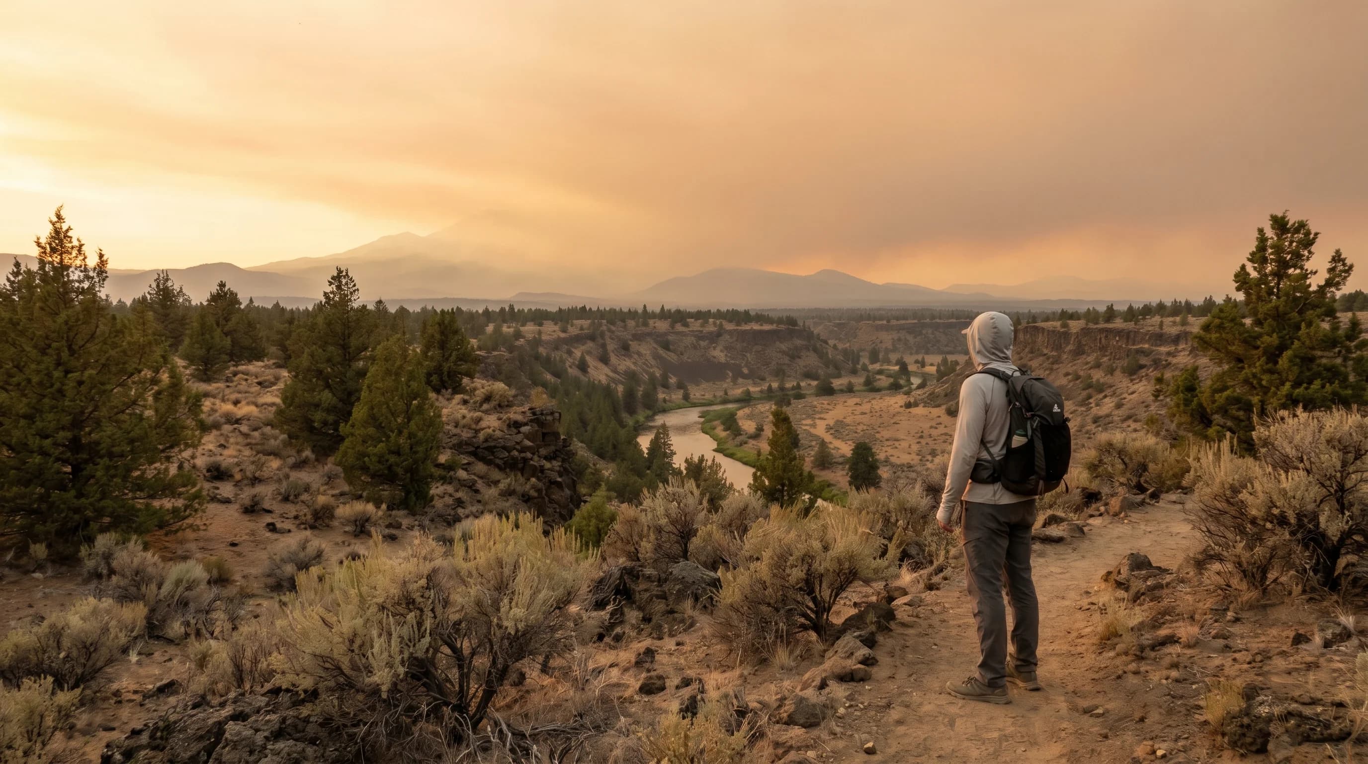 A hazy orange-tinted summer afternoon in Bend with smoke obscuring the Cascades