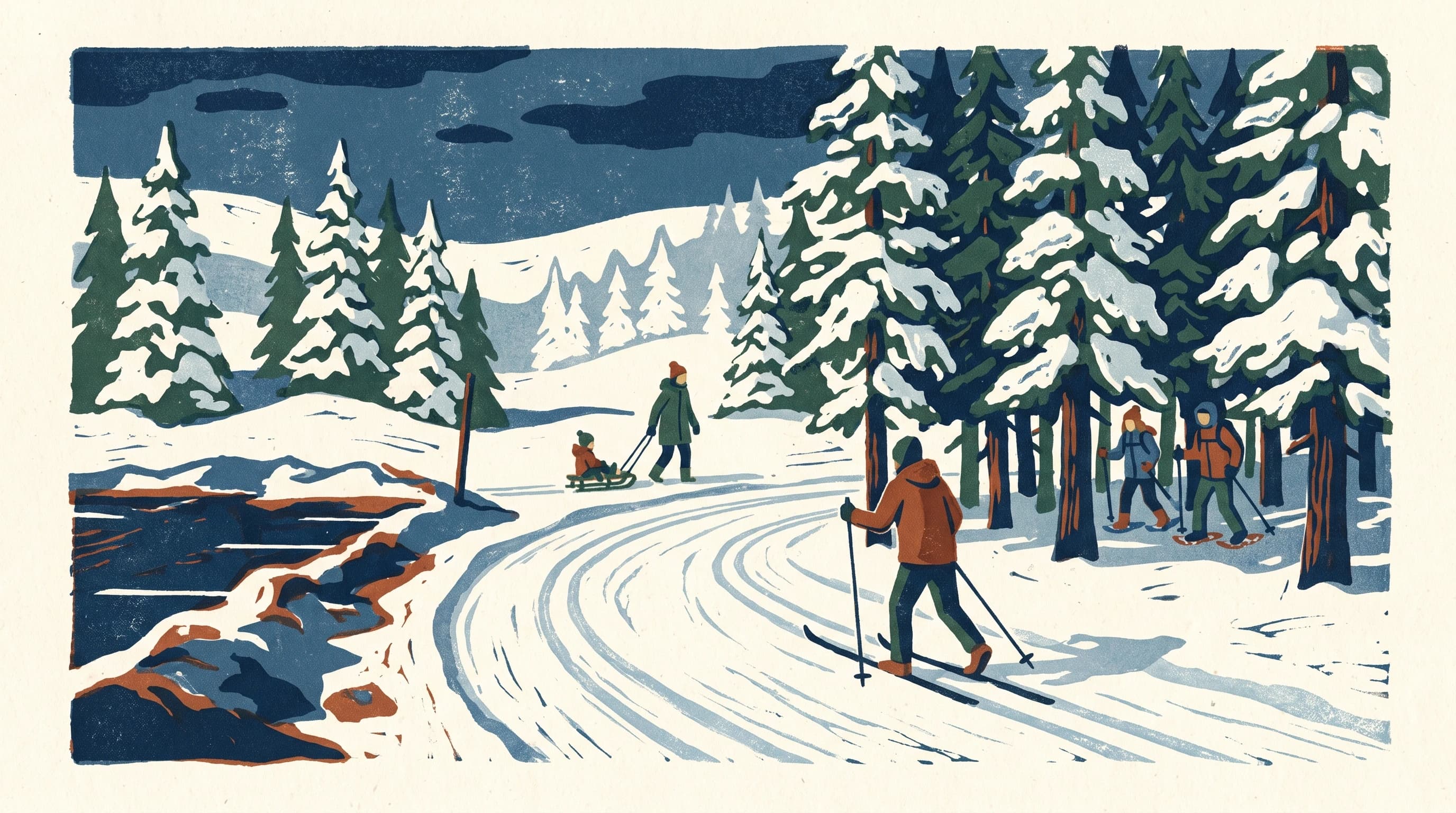 Illustration of families, Nordic skiers, and snowshoers beginning winter outings at a Central Oregon Sno-Park