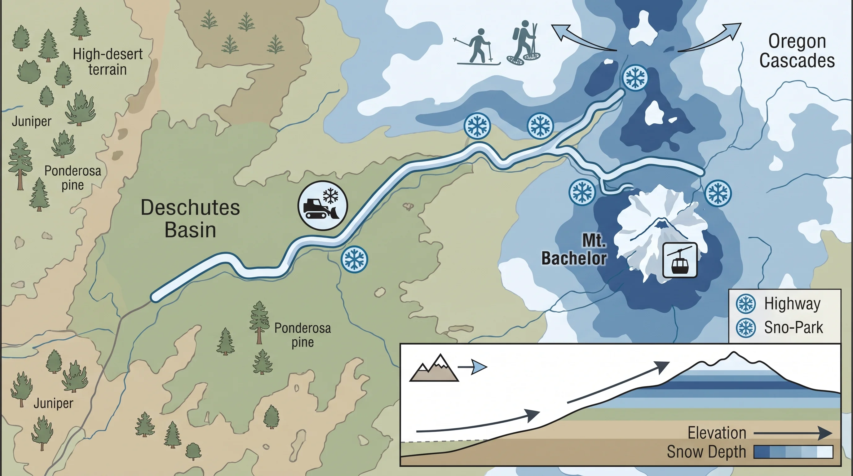 Map of Central Oregon snow-recreation areas including the Sno-Parks, Cascade Lakes Highway, and Mt. Bachelor with snow-depth shading