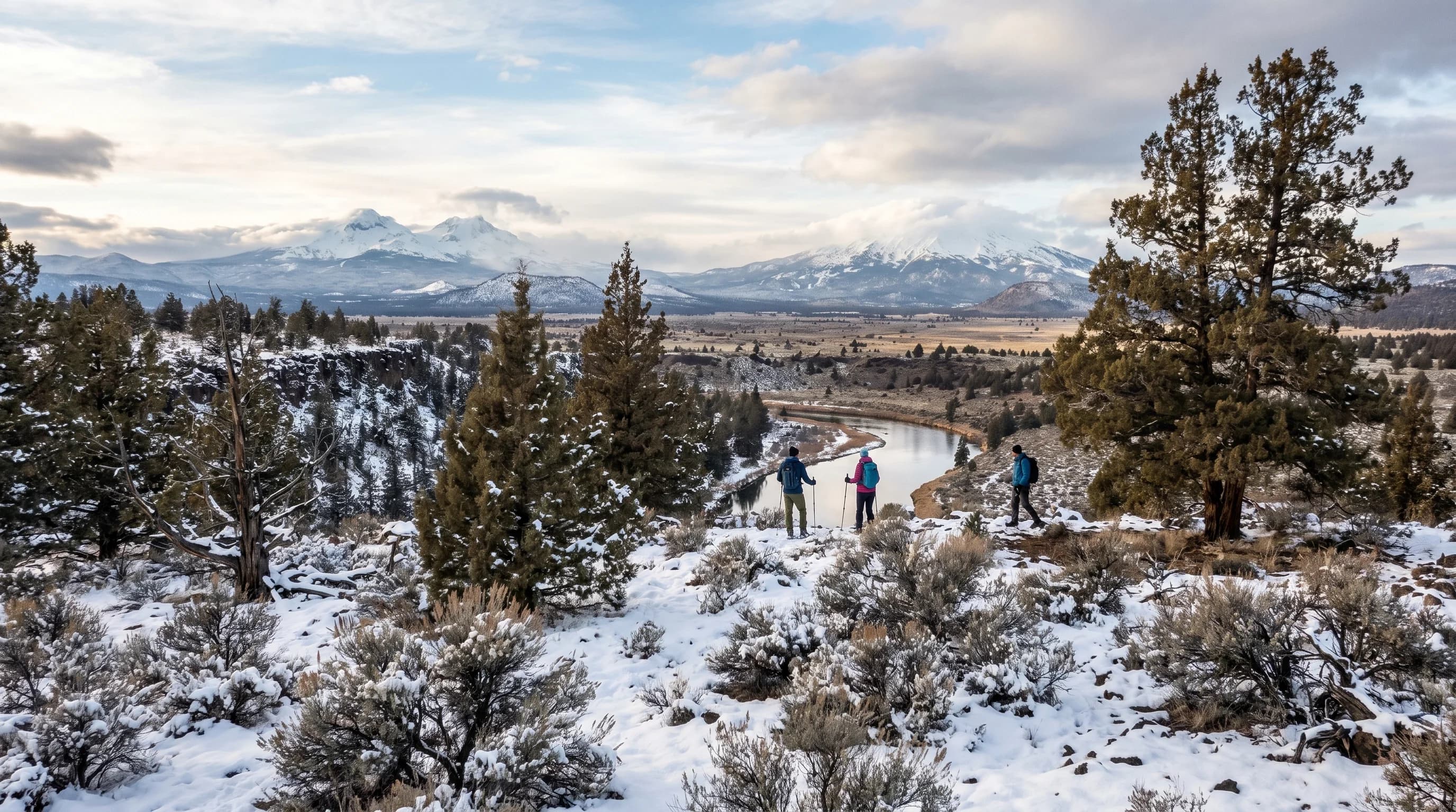 Central Oregon winter scene with a lightly snowy high-desert town in front and the deeply snow-buried Cascades and Mt. Bachelor behind