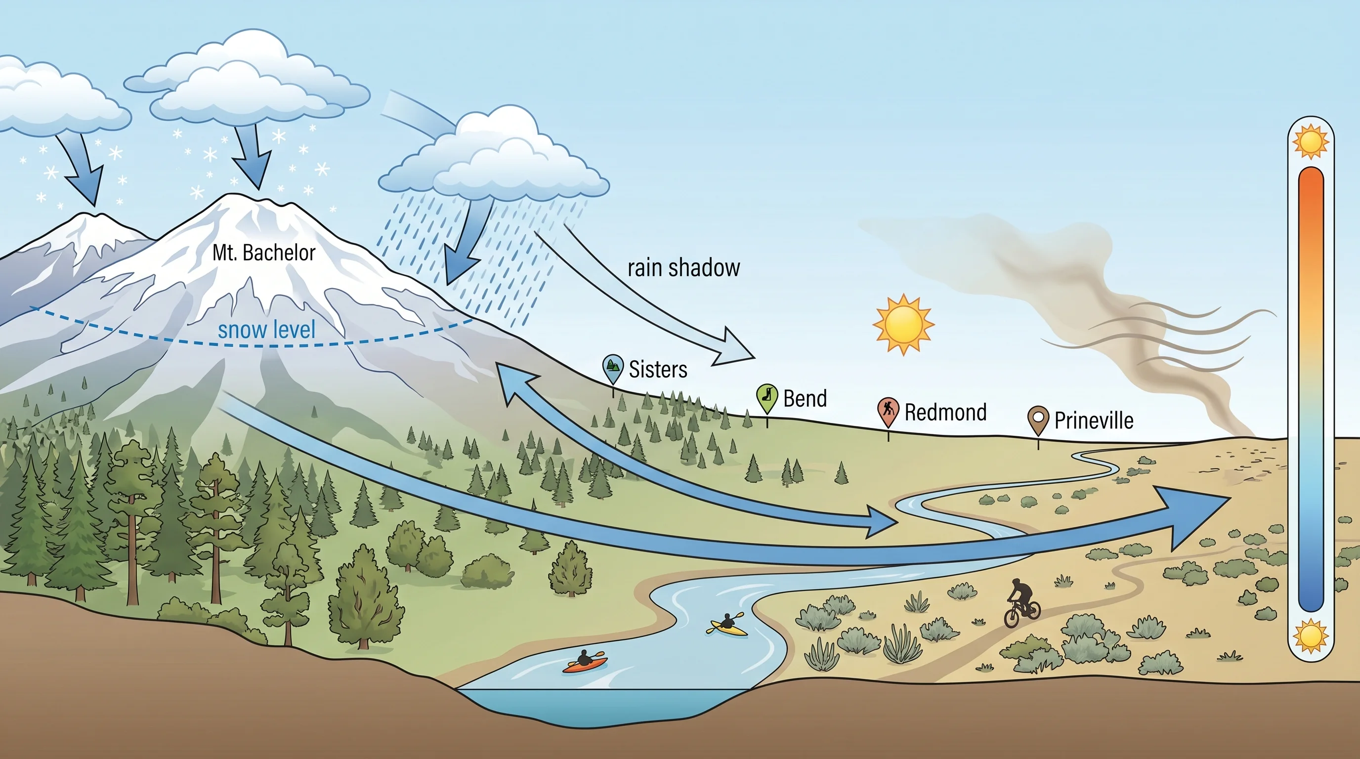 Cross-section from the Cascade crest east across Central Oregon showing the rain shadow, snow level, and elevation gradient across Sisters, Bend, Redmond, and Prineville