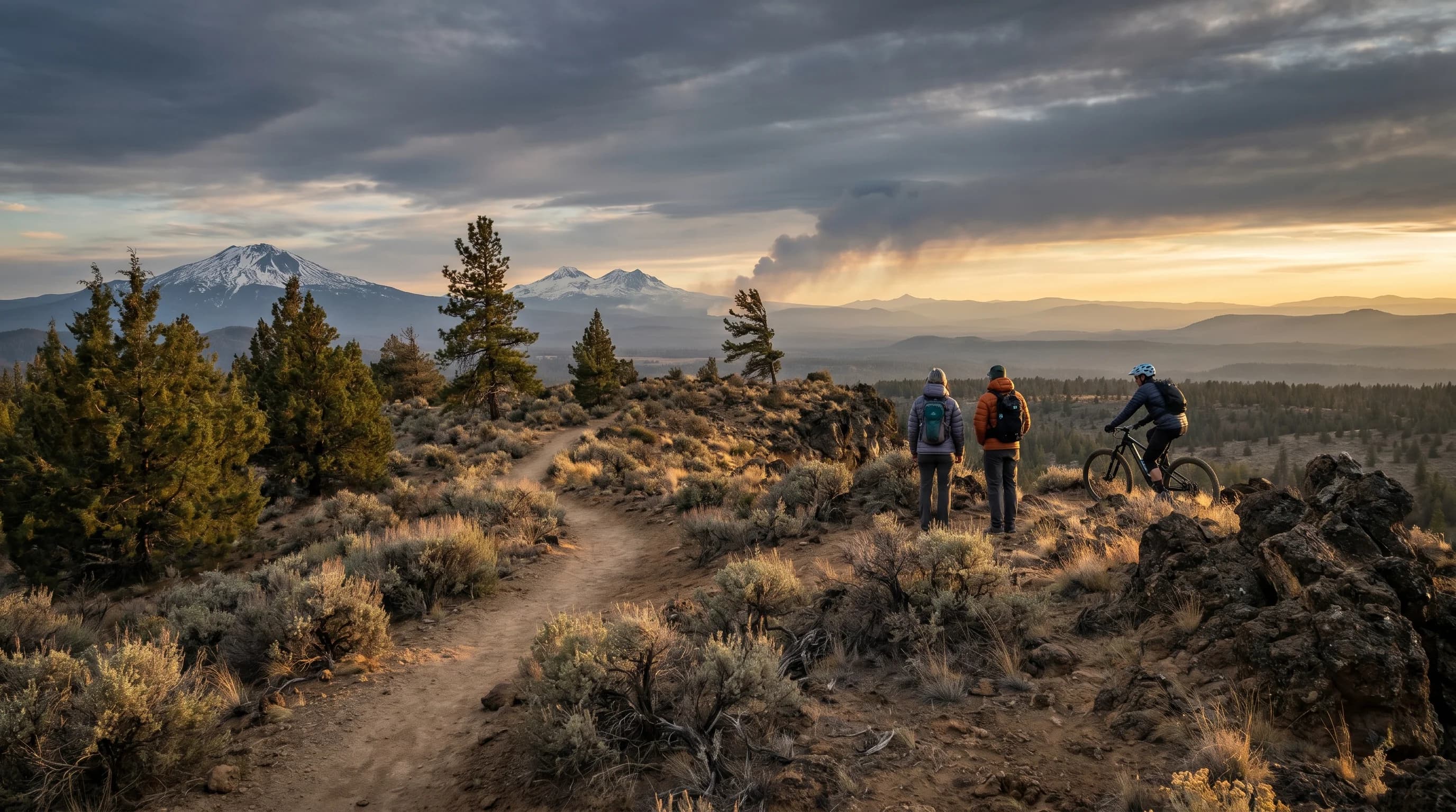 Sweeping Central Oregon panorama of dry high desert with the snowcapped Three Sisters and Cascade peaks behind a town below