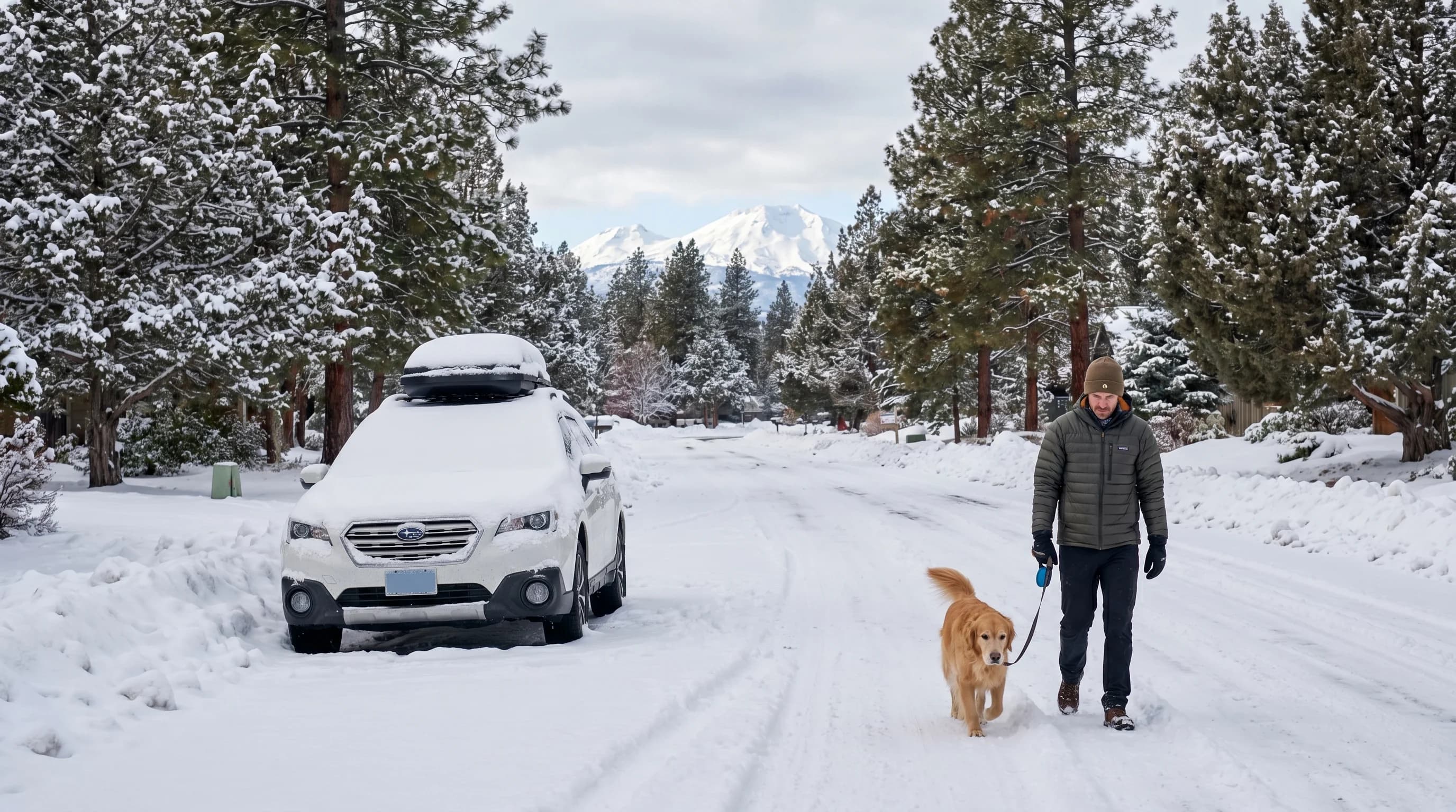 A snowy residential street in Bend, Oregon with a snow-covered car and plowed roads