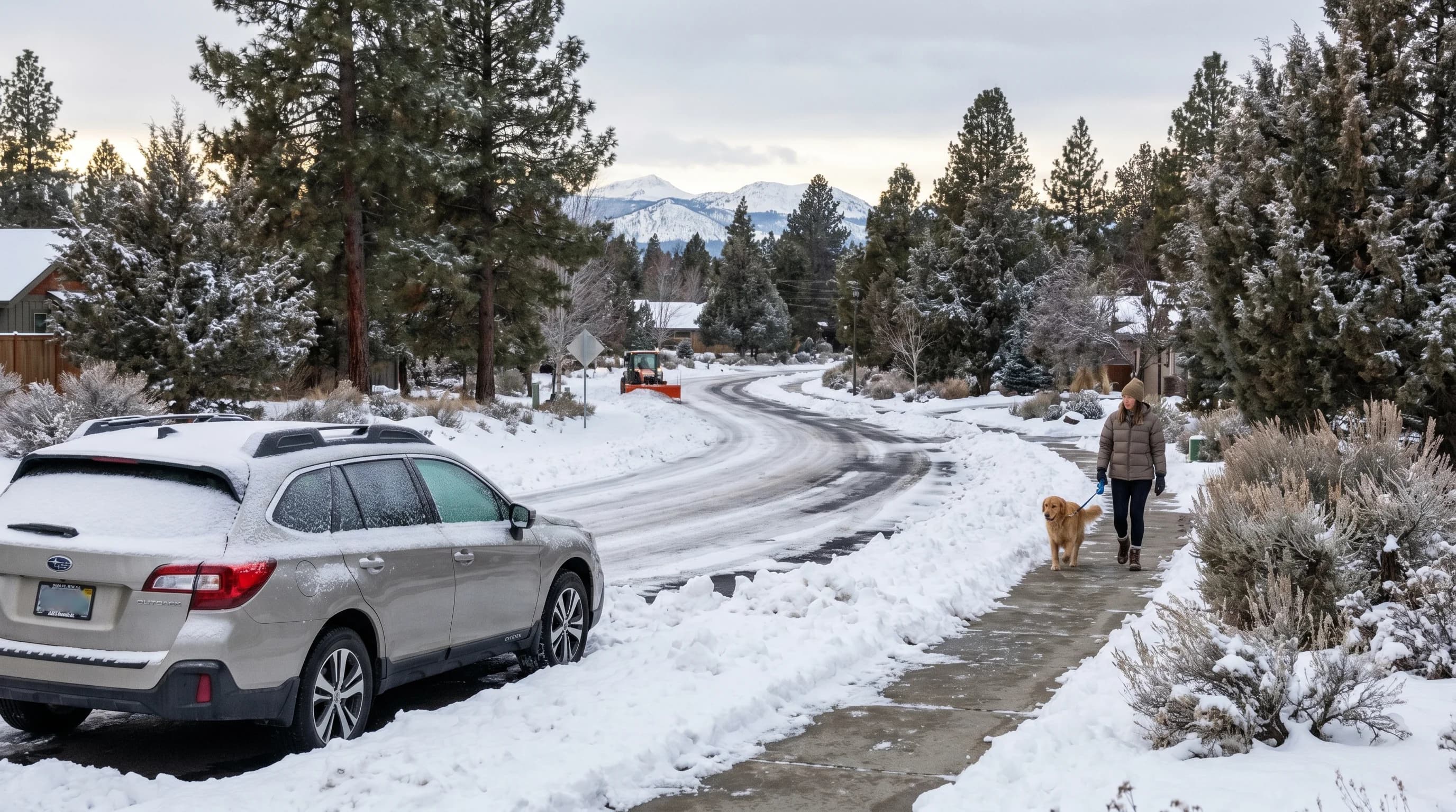 A snowy residential street in Bend, Oregon with a snow-covered car and plowed roads