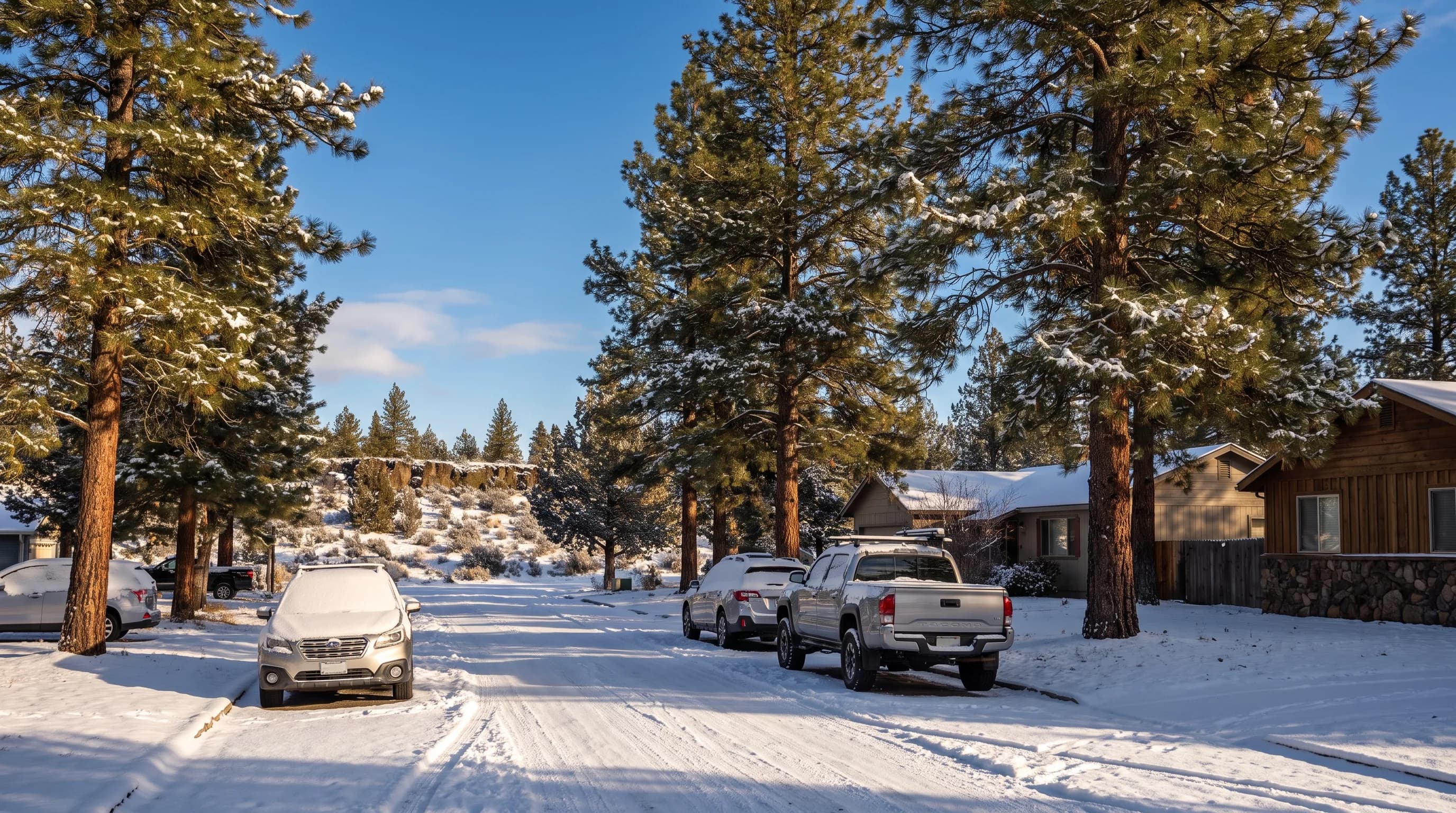 A small Central Oregon street under fresh snow with ponderosa pines and low winter sun