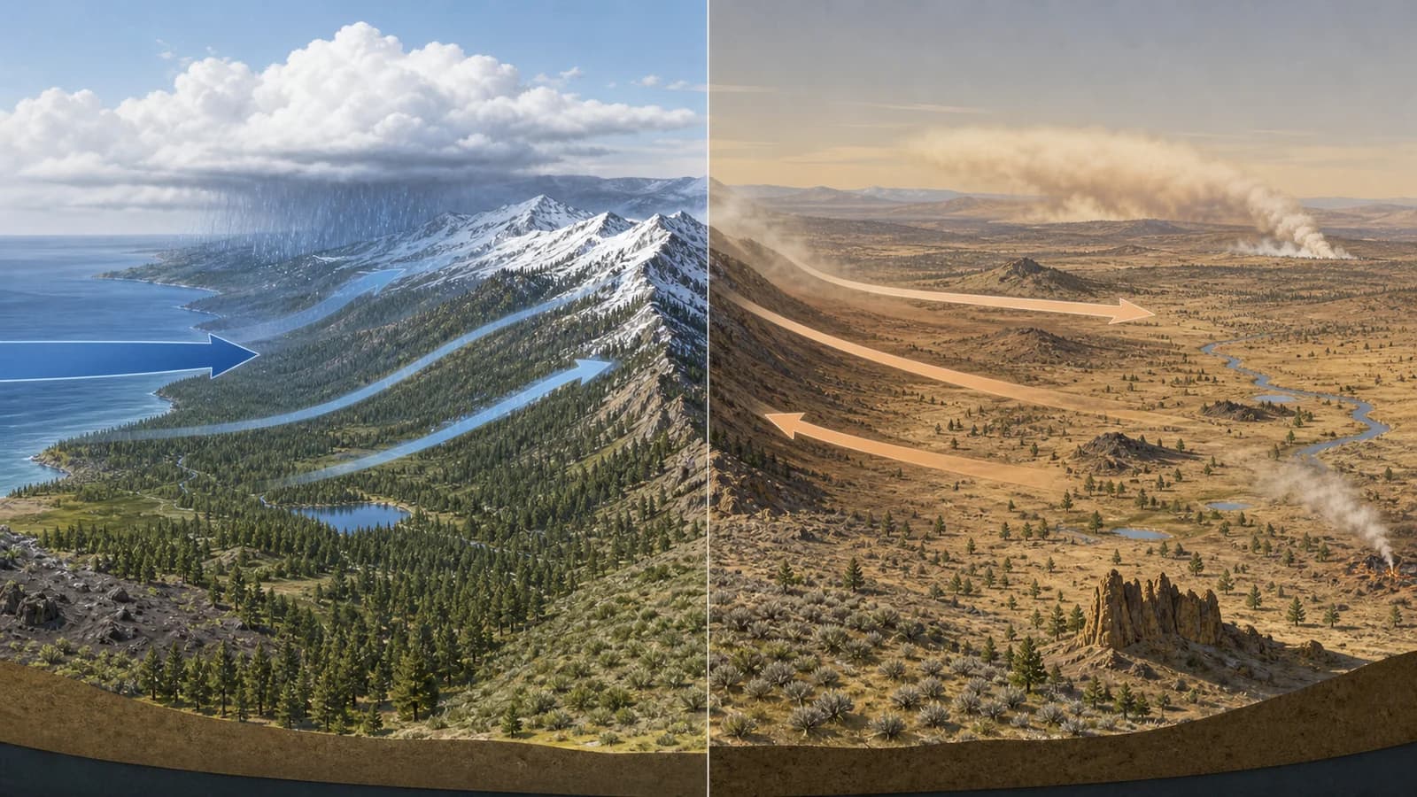 Wind-blown sagebrush and grasses in Central Oregon with dry dust and haze moving across pine forest and Cascade foothills