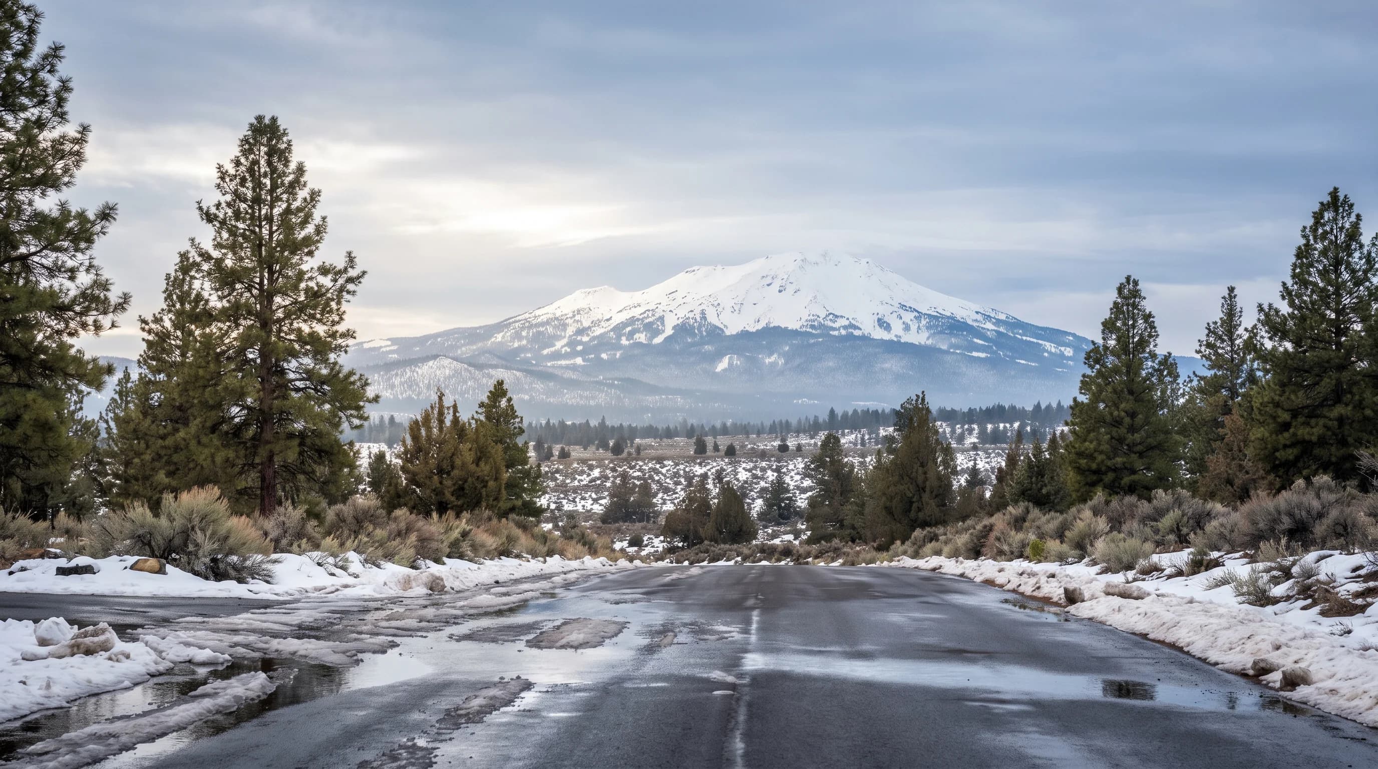 A mild winter scene near Bend with patchy snow in town and a snow-covered Mt. Bachelor in the distance