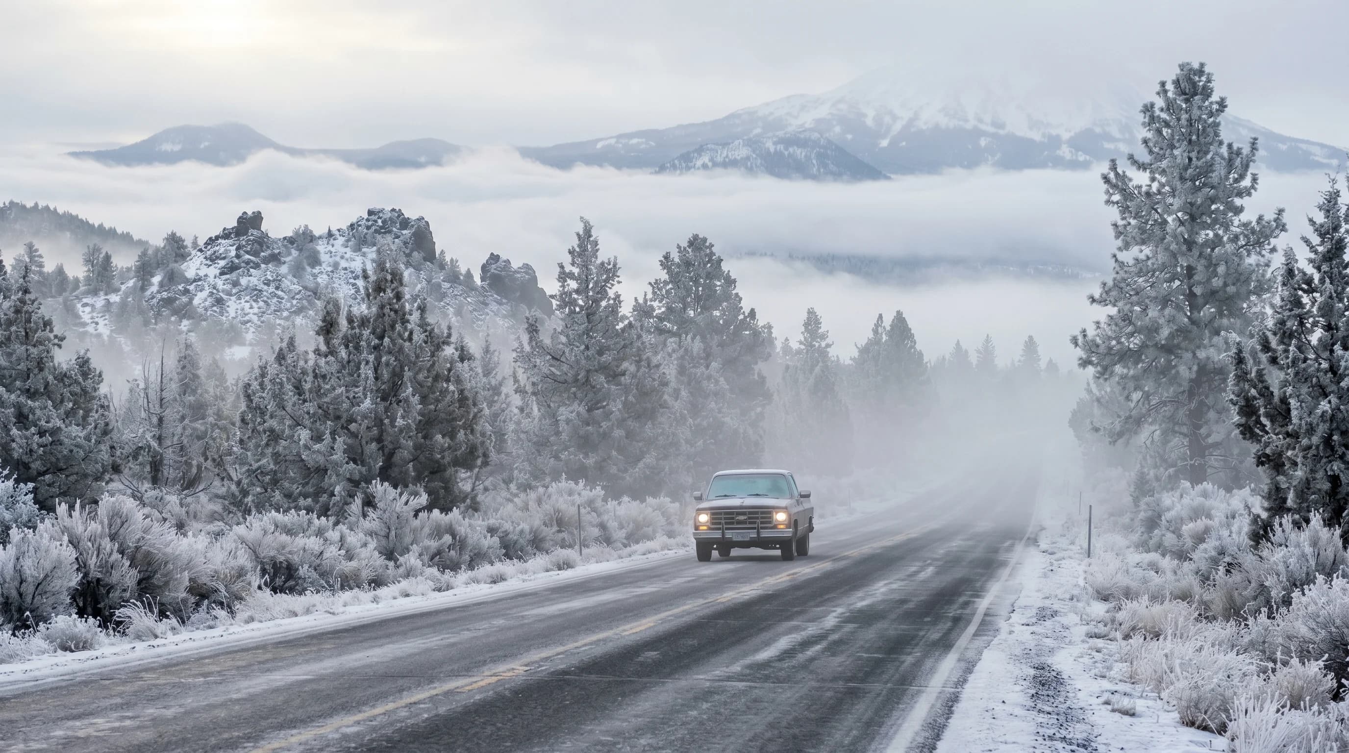 A cold Central Oregon morning with freezing fog and rime ice coating trees and a road
