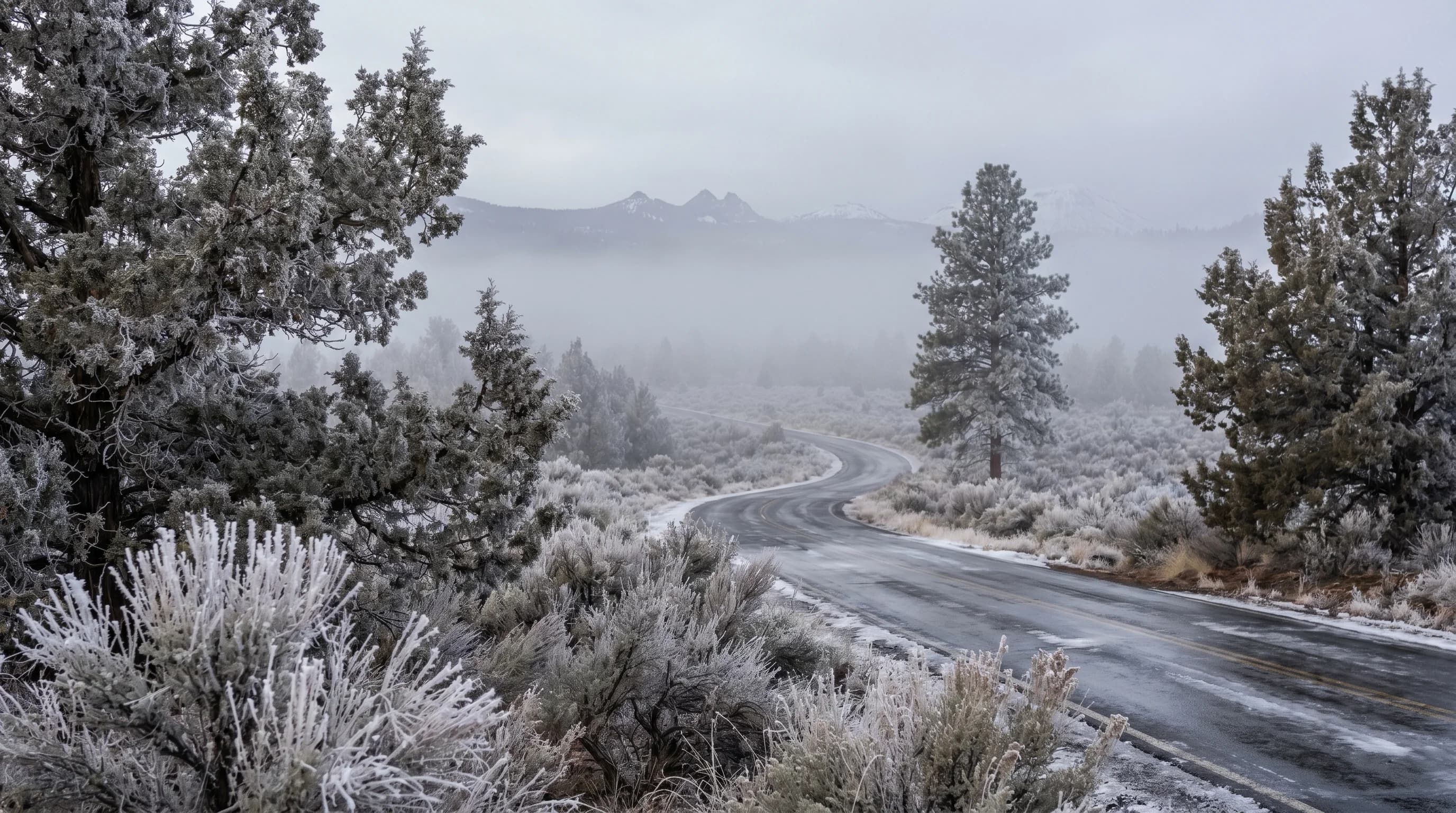 A cold Central Oregon morning with freezing fog and rime ice coating trees and a road