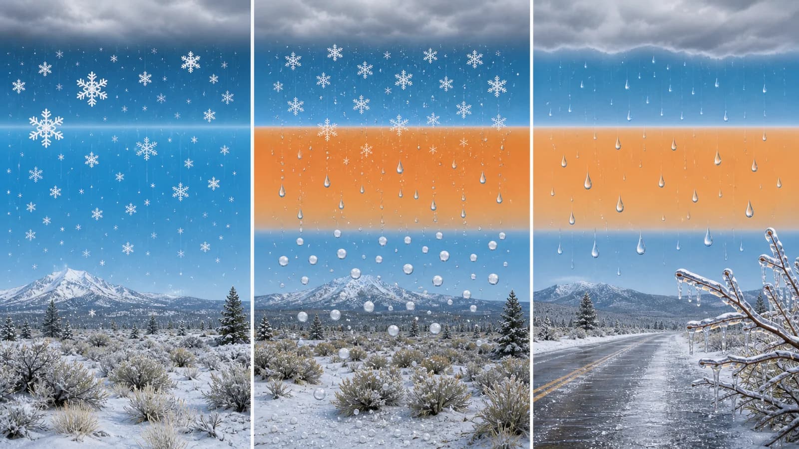 Cross-section of the atmosphere showing the warm and cold temperature layers that produce snow, sleet, and freezing rain from the same snowflakes aloft