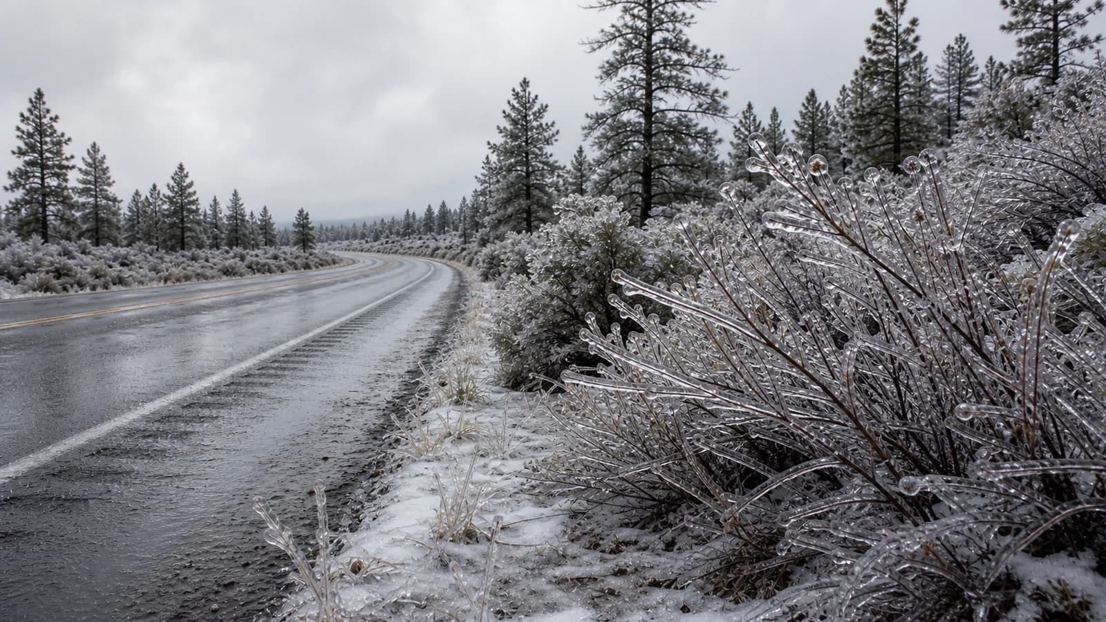 Central Oregon roadside with clear glaze ice coating shrubs and a wet-looking icy winter road under gray clouds