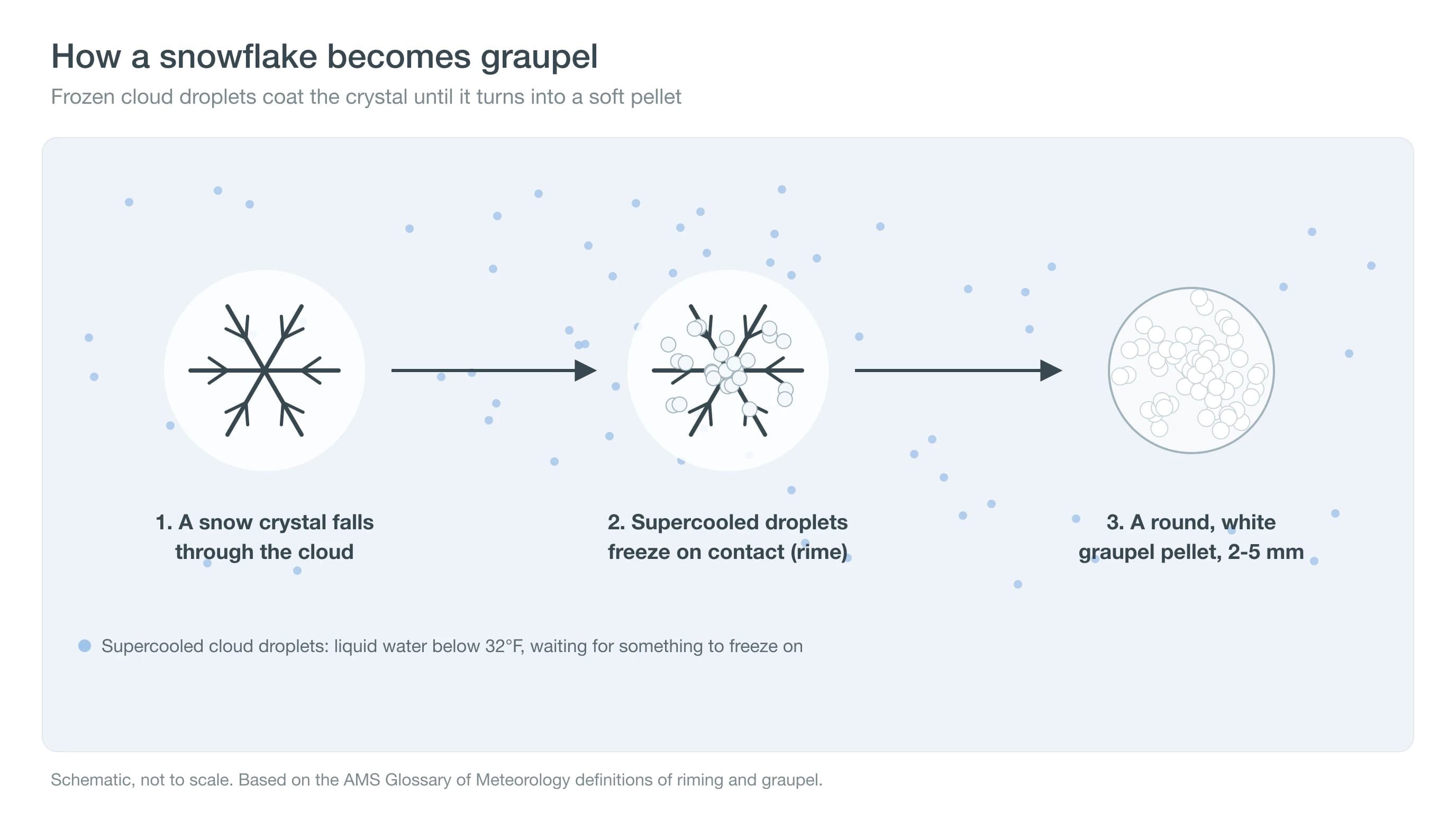 Diagram of a snowflake collecting frozen droplets in a cloud until it becomes a round graupel pellet