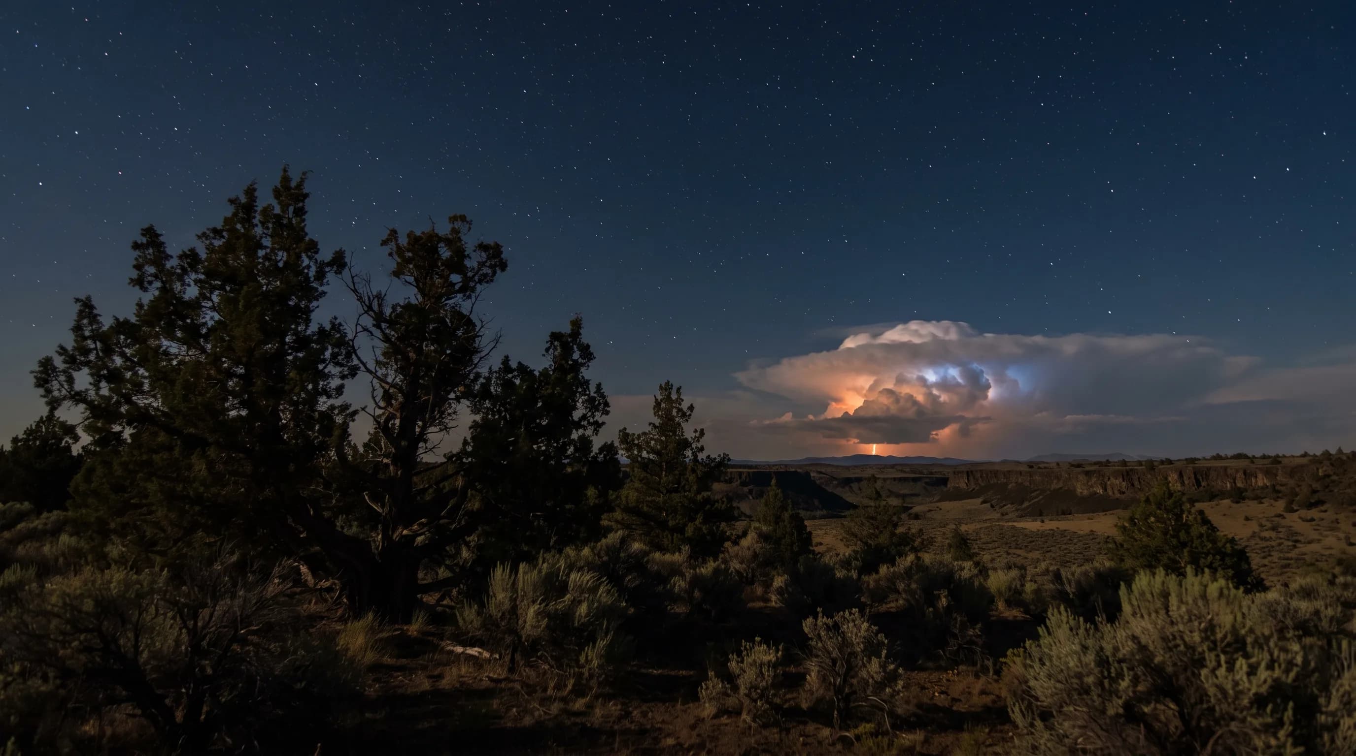 A distant storm cloud lit from inside by lightning on the horizon under a clear starry sky over high-desert sagebrush