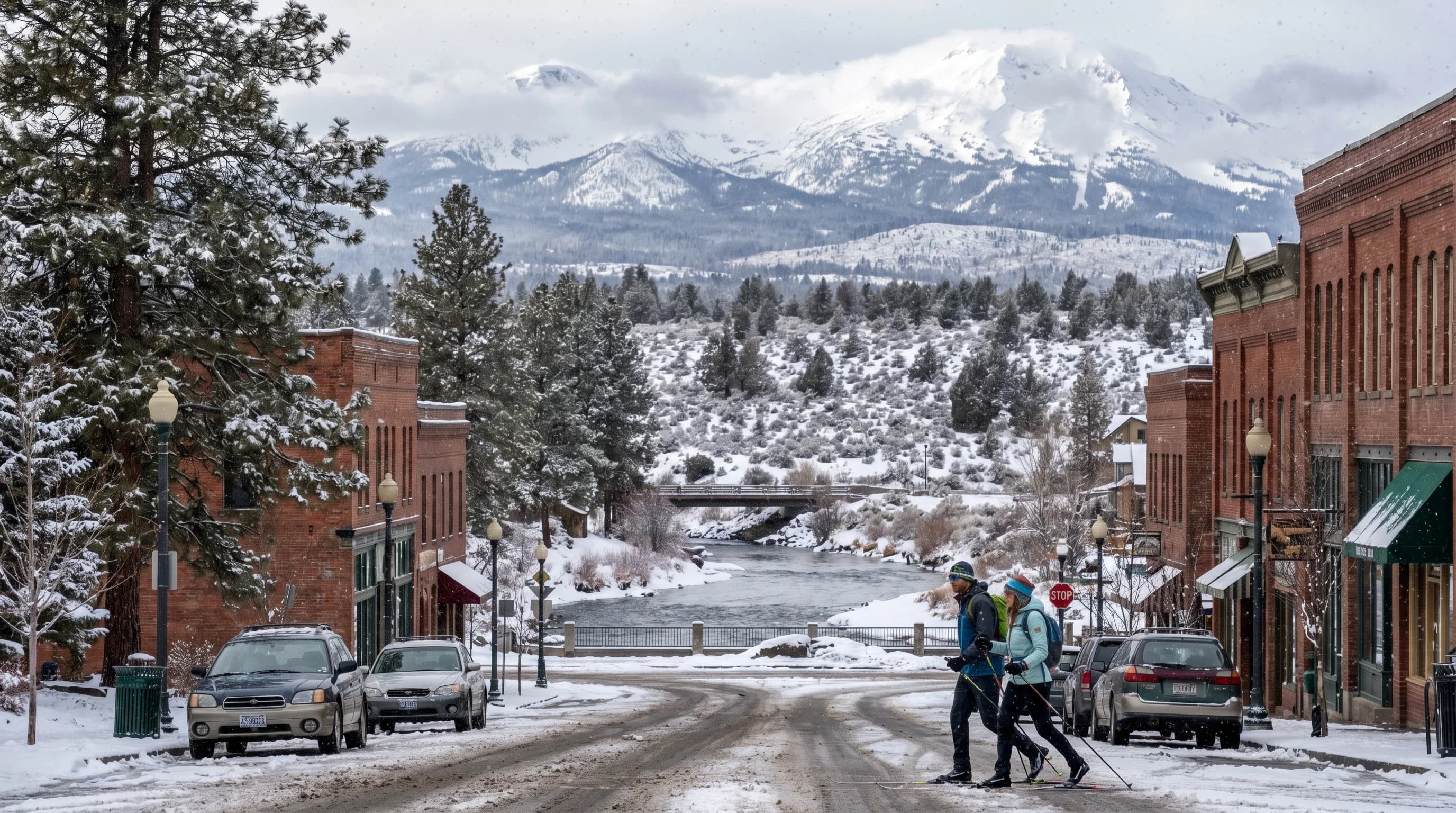 A light snowfall over downtown Bend with flocked pines and the snowy Cascades behind