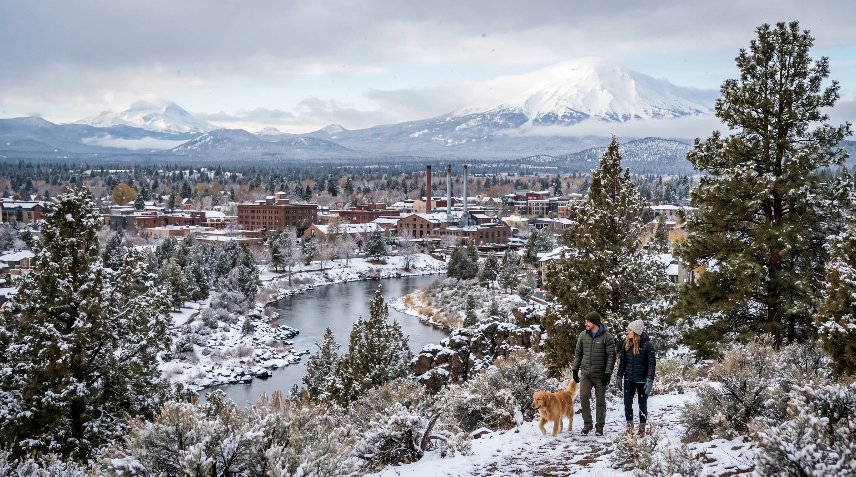 A light snowfall over downtown Bend with flocked pines and the snowy Cascades behind