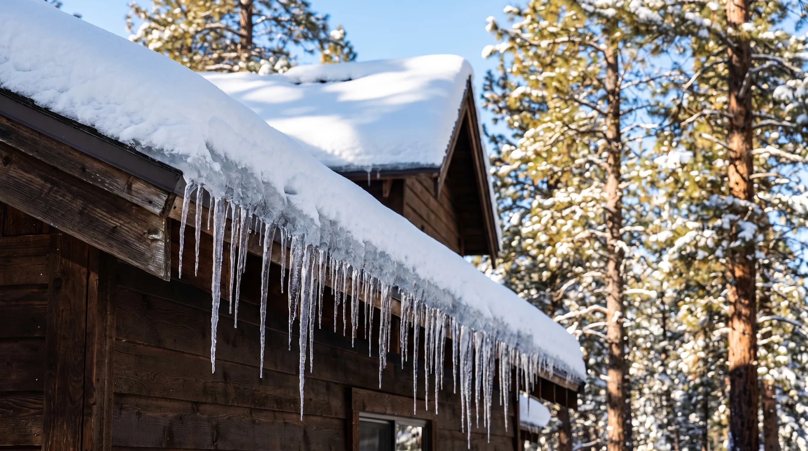A thick ridge of ice and icicles along the eave of a snow-covered roof on a sunny winter day