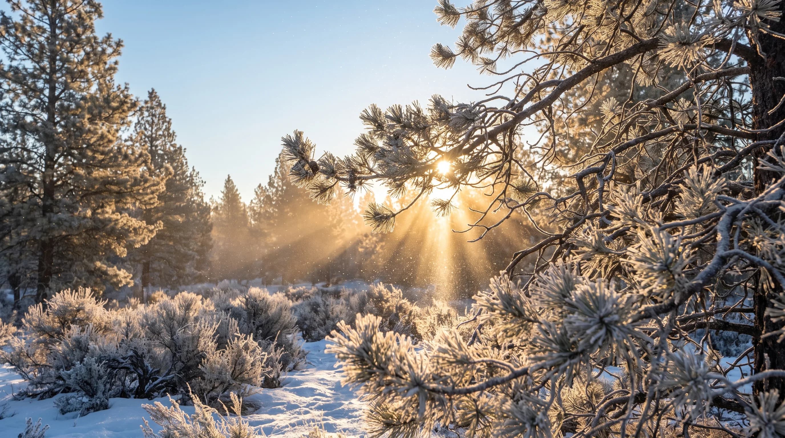 Tiny ice crystals sparkling in low sunrise light in a frosty lodgepole pine clearing under a clear sky