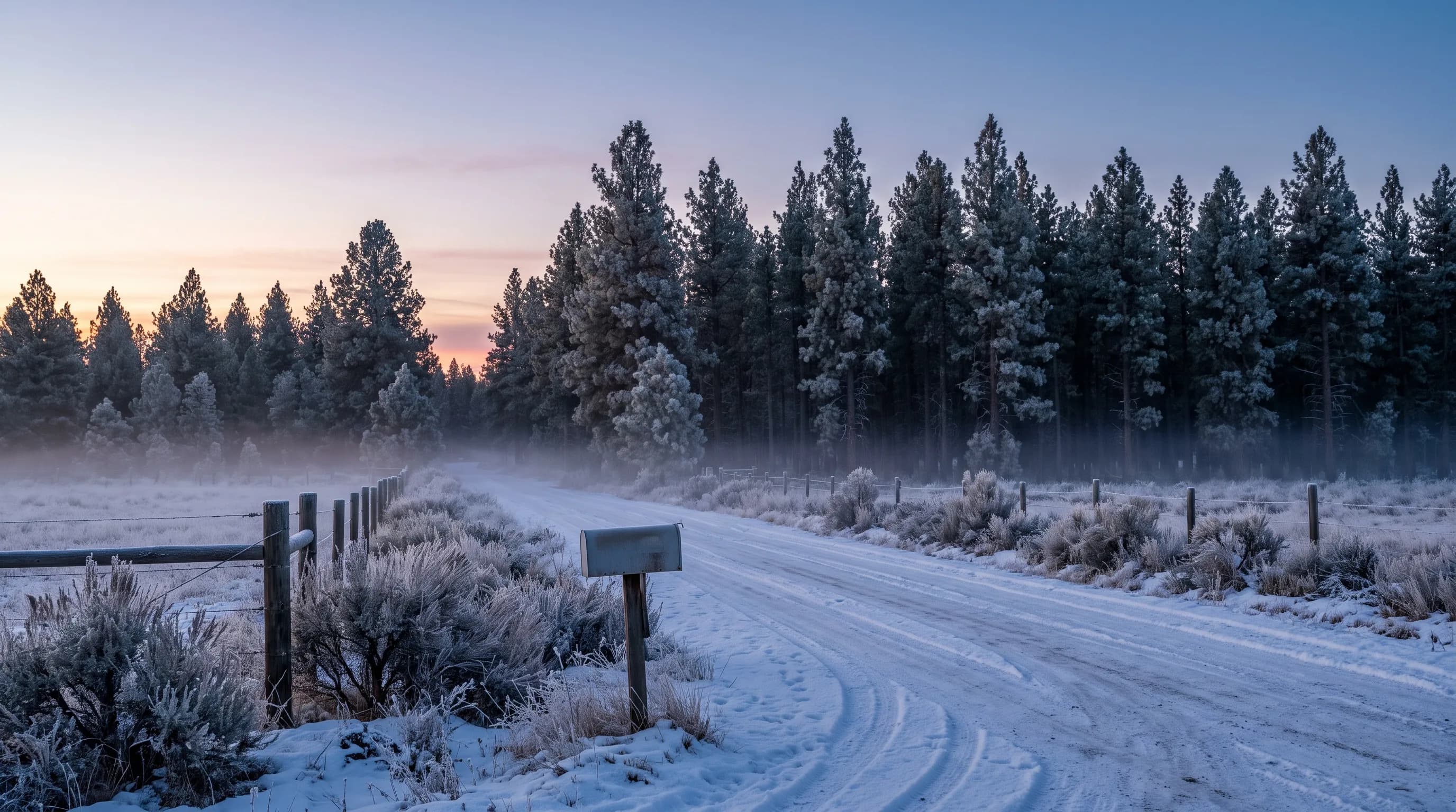 Frosty snow and lodgepole pines at dawn with thin ground fog along a plowed rural lane