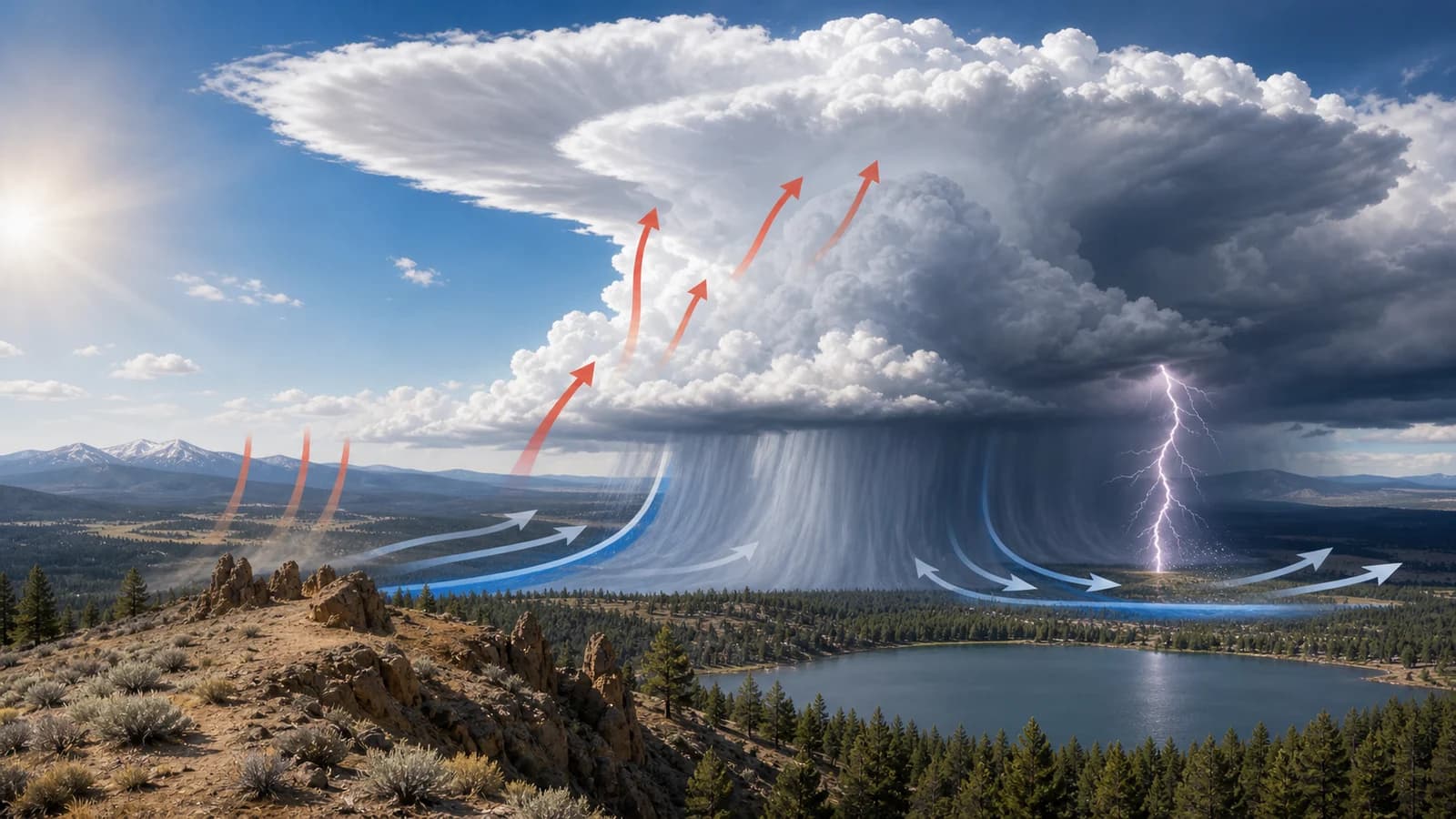 Exposed Central Oregon volcanic ridge and open trail under a dark summer thunderstorm with distant lightning