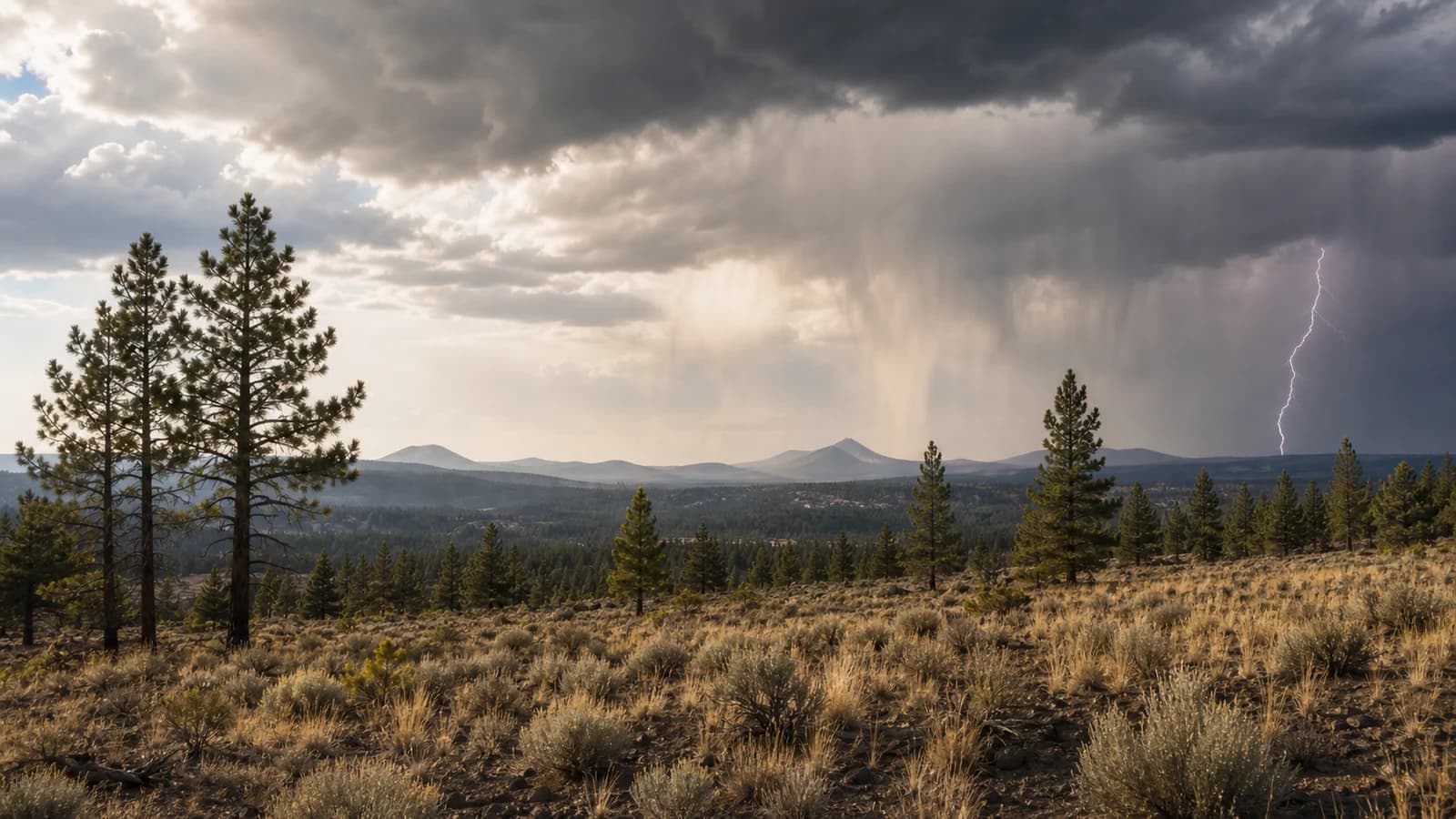 Dry Central Oregon high desert and ponderosa forest under virga and a distant lightning strike from a summer thunderstorm