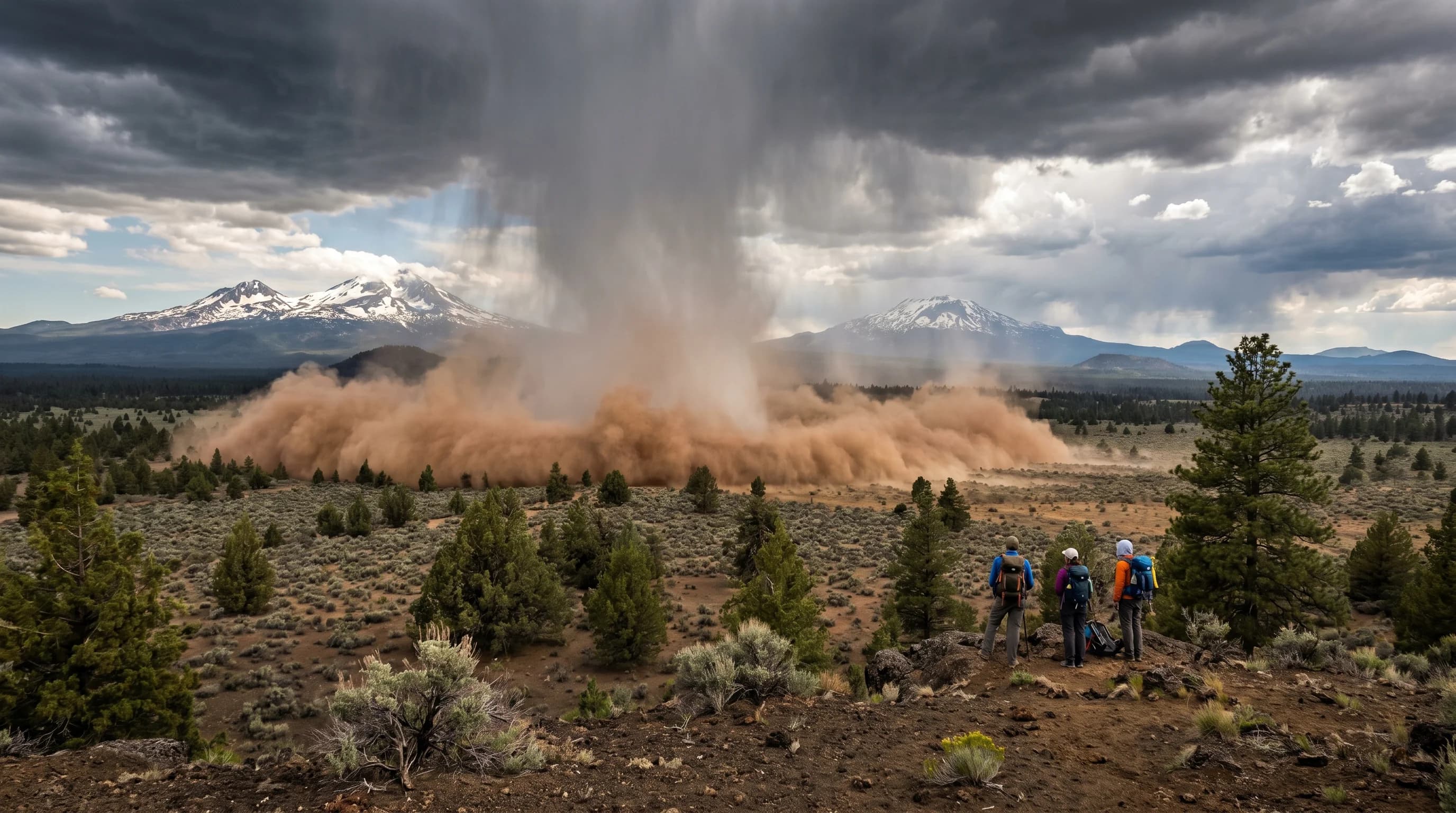 A microburst descending from a thunderstorm and spreading dust outward across the high desert