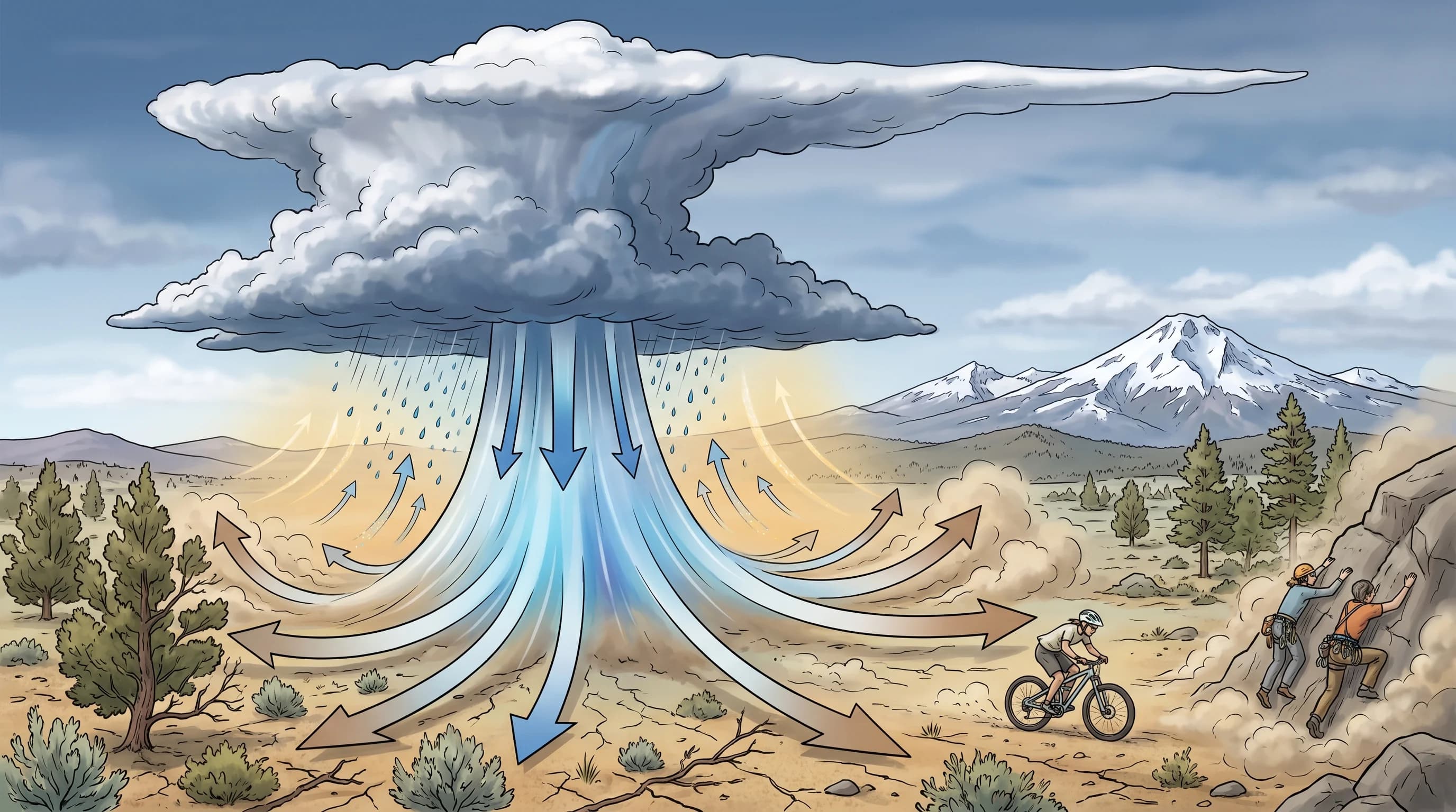 Diagram of a dry microburst: rain evaporates below a storm, cooling and accelerating a downdraft to the ground