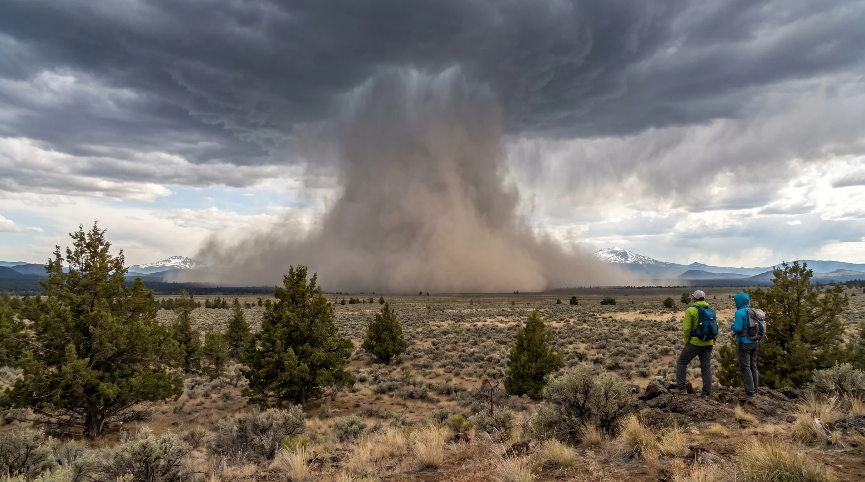 A microburst descending from a thunderstorm and spreading dust outward across the high desert