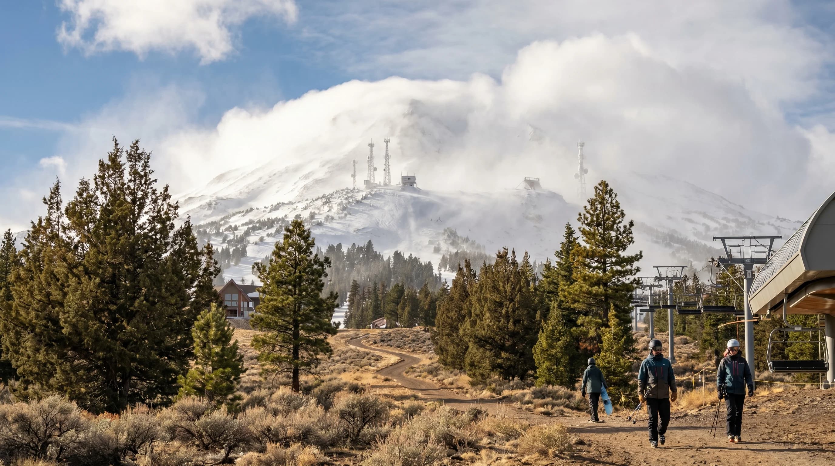 Mt. Bachelor summit in a windy whiteout with rime-caked towers above a clearer, sunnier base
