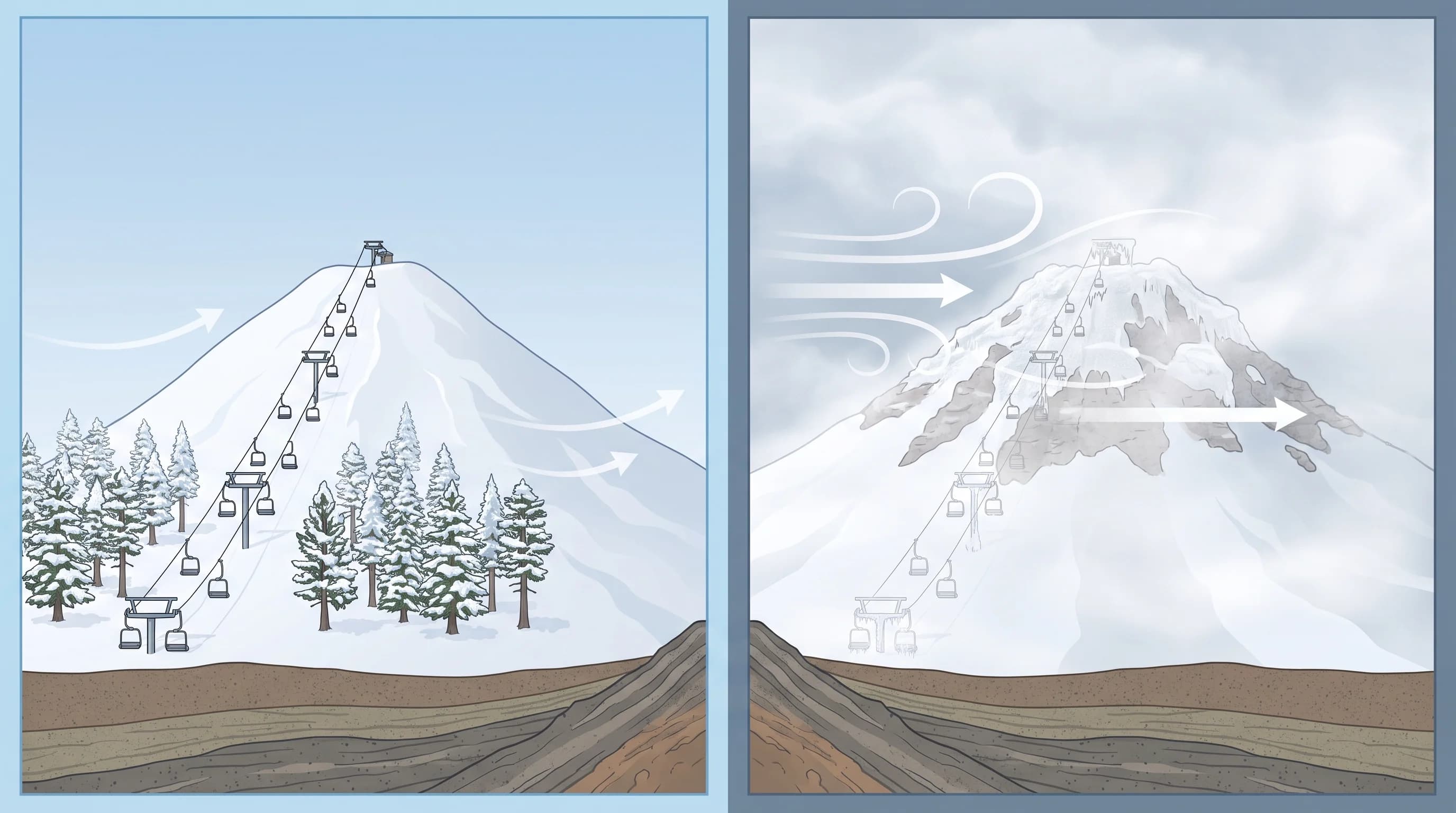 Comparison of same-day base and summit conditions at Mt. Bachelor, temperature, wind, and visibility