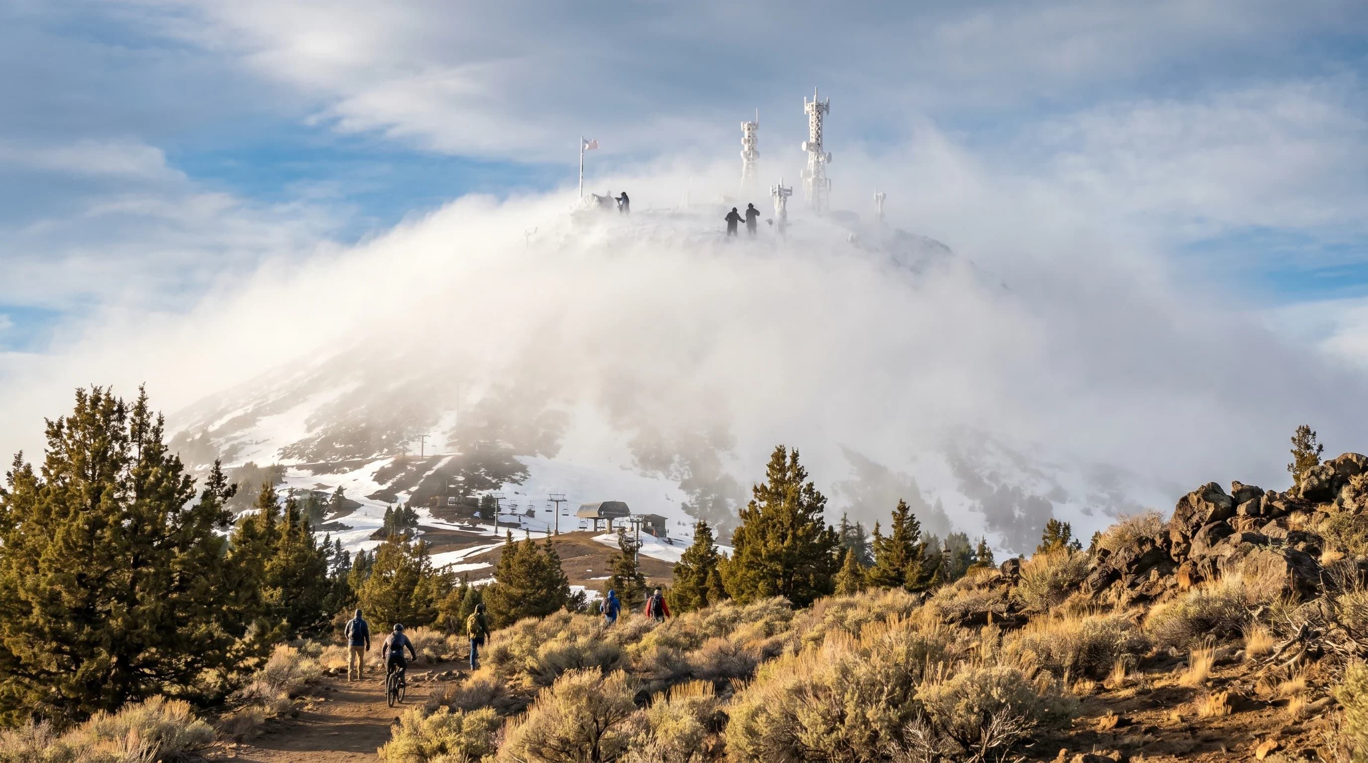 Mt. Bachelor summit in a windy whiteout with rime-caked towers above a clearer base