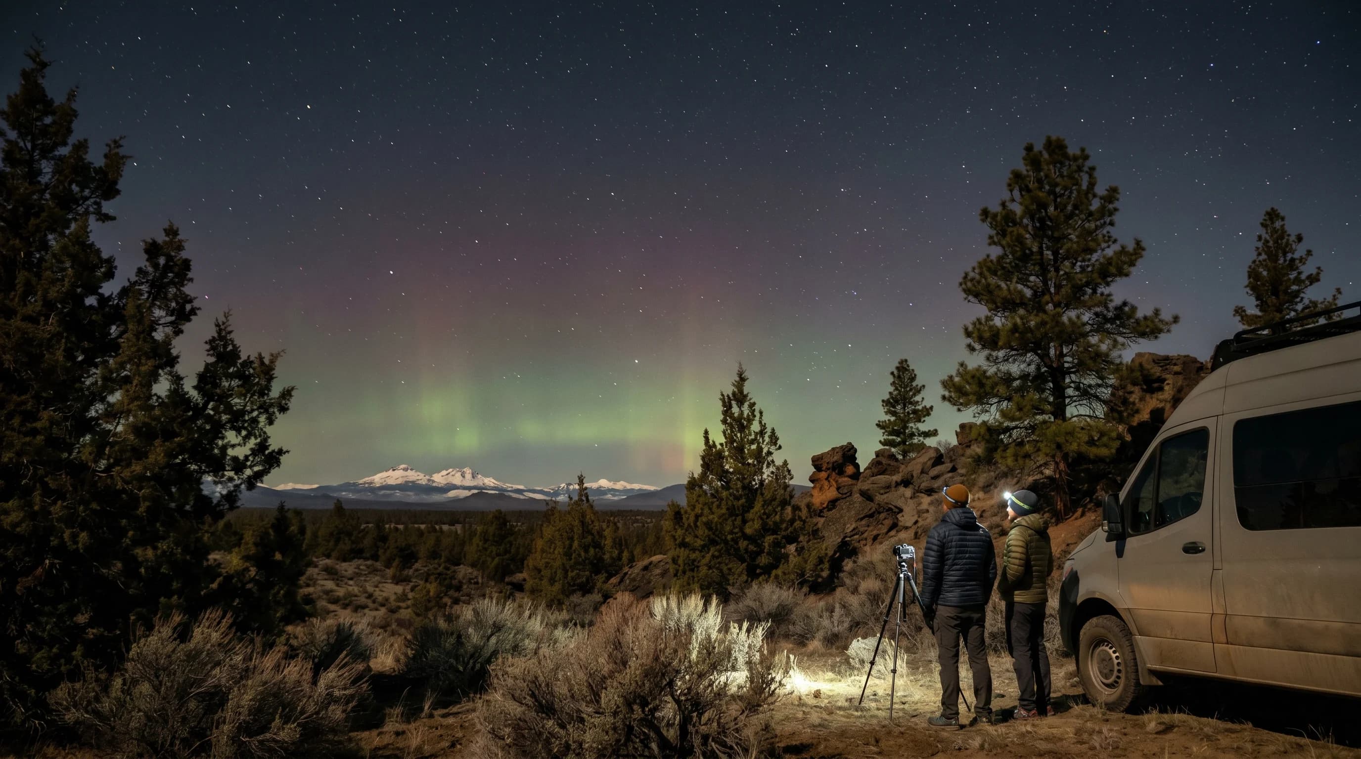 A faint green and red aurora glowing over the northern horizon above the high desert at night