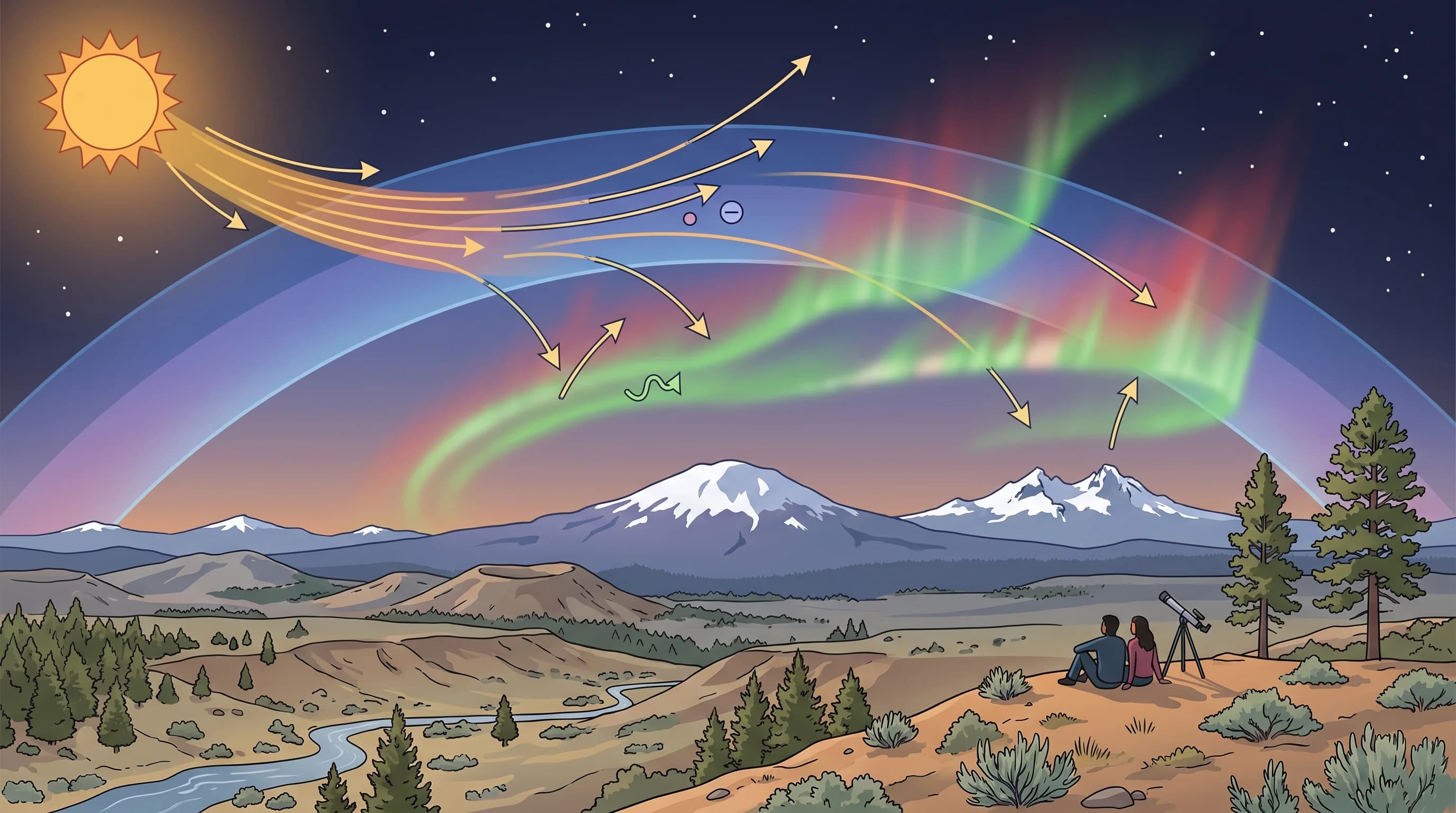 Diagram of solar particles striking the atmosphere and exciting gases to glow as the aurora