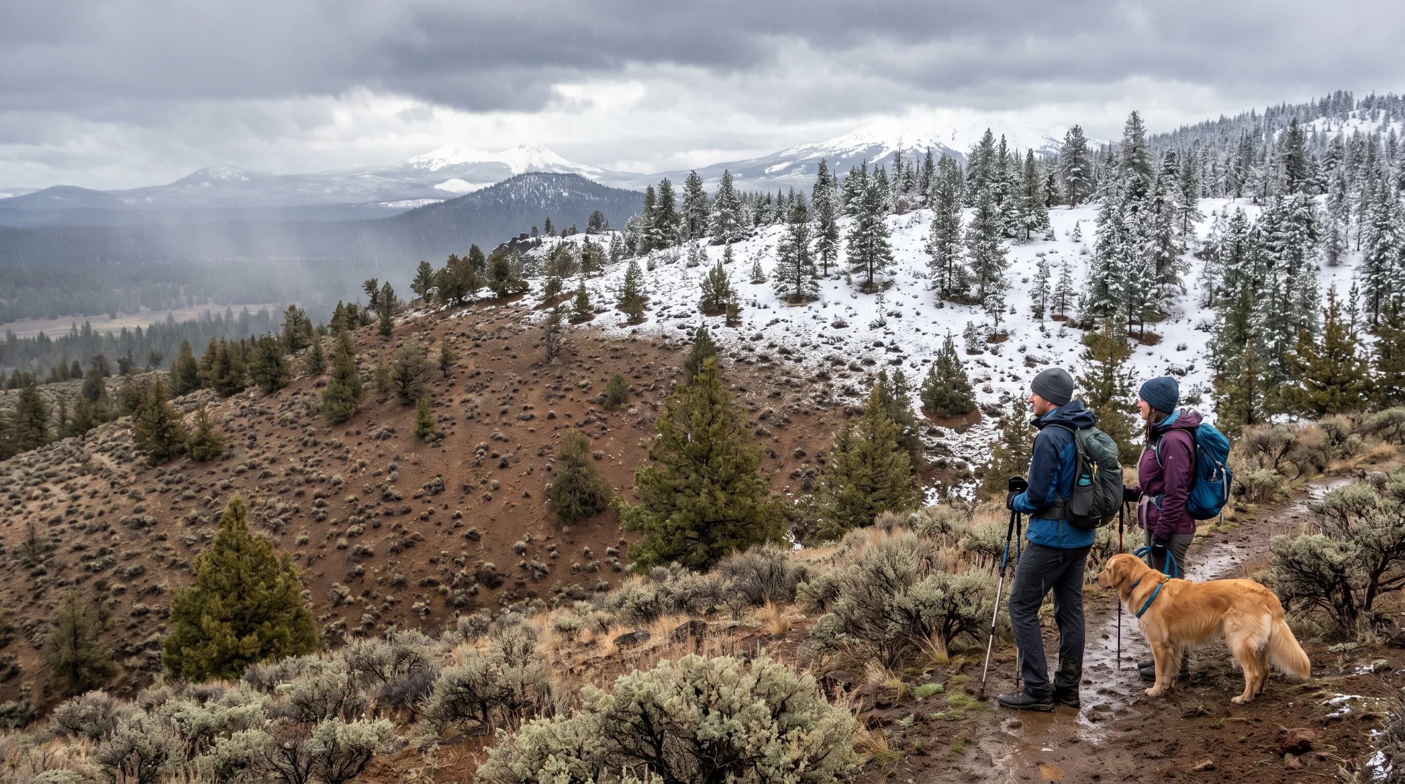 A Central Oregon hillside showing a clear rain-snow line with bare desert below and snow above