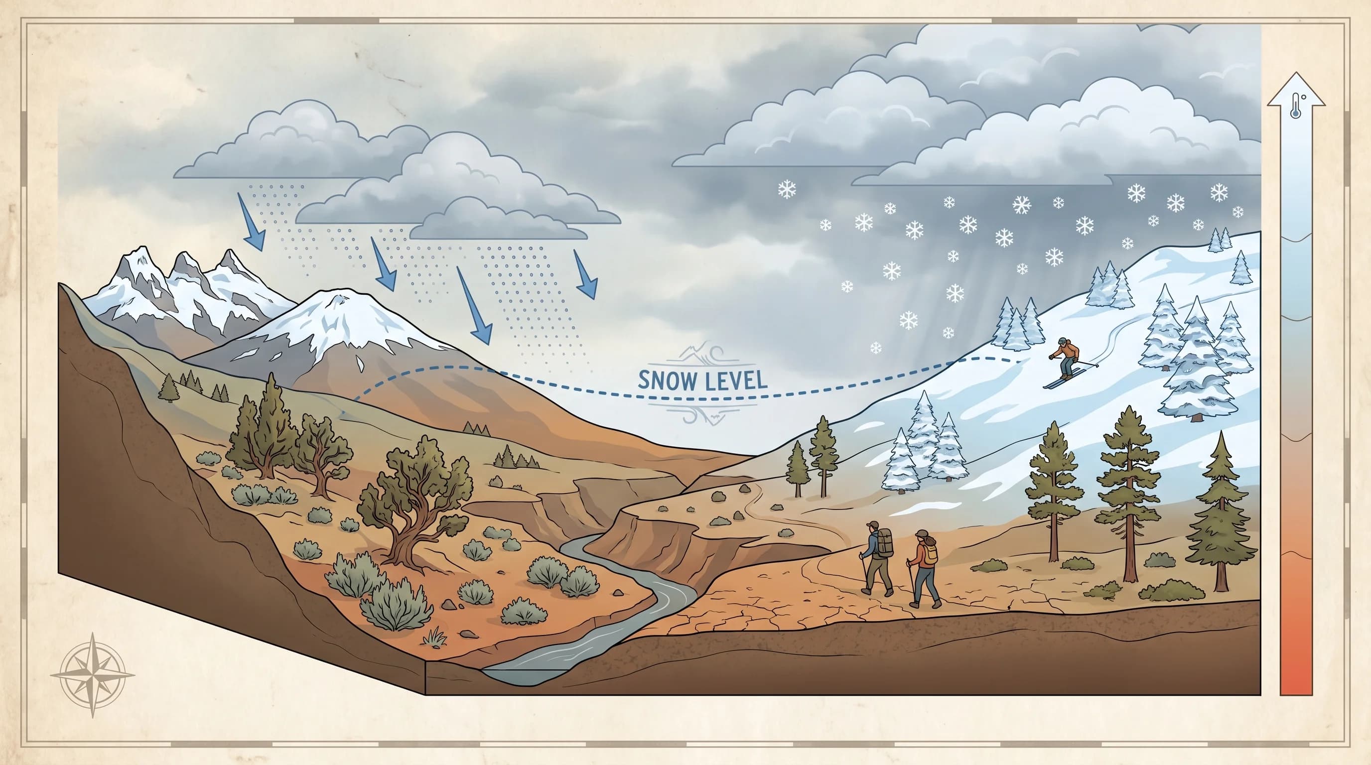 Profile of Central Oregon elevations showing rain or snow at two different snow levels