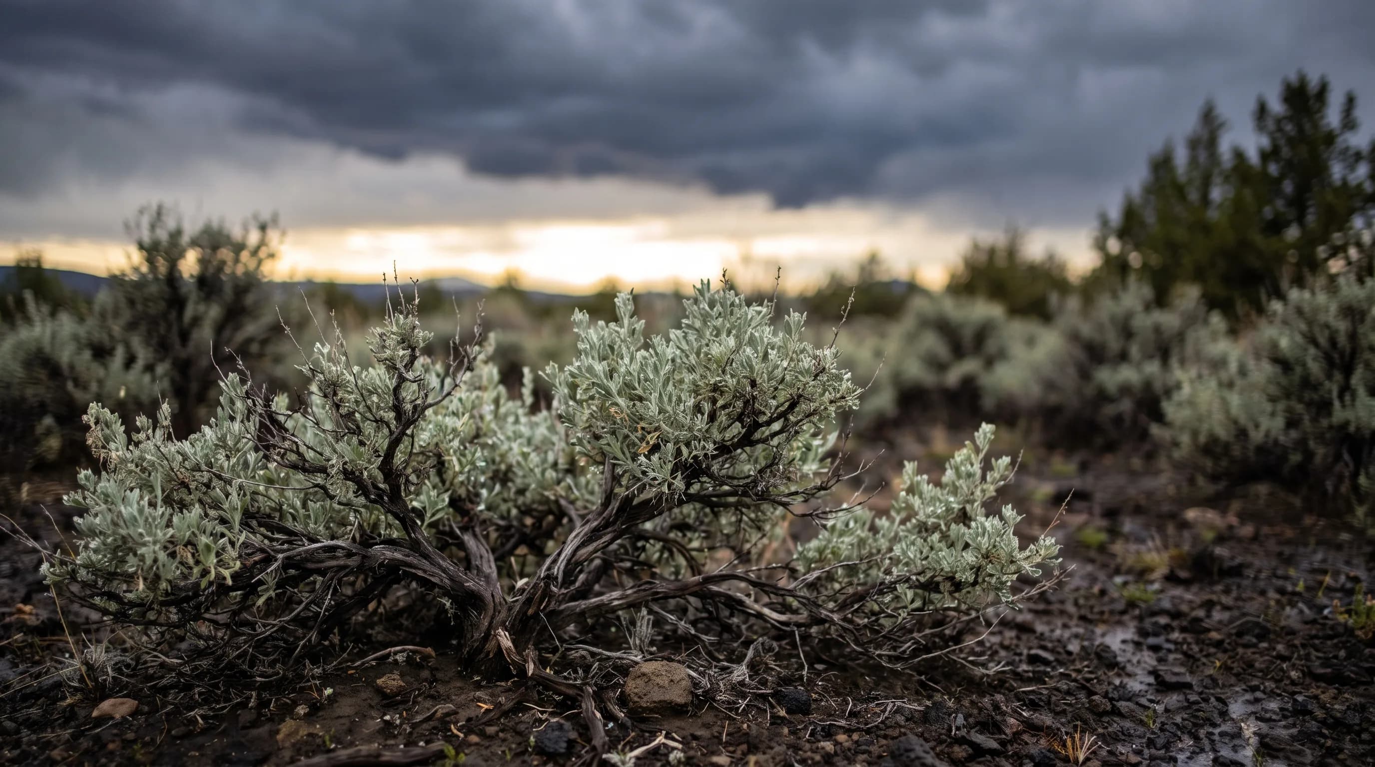 Raindrops on silvery sagebrush leaves and dark wet soil under a stormy high-desert sky