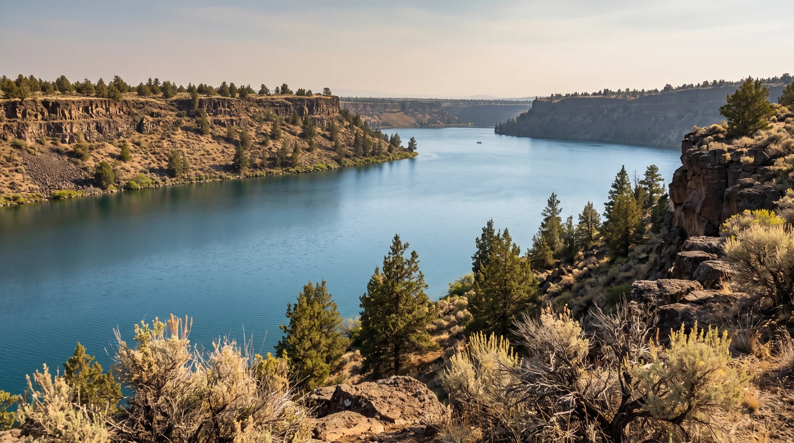 Basalt rimrock and juniper above a calm blue reservoir on a hot clear summer afternoon in Central Oregon