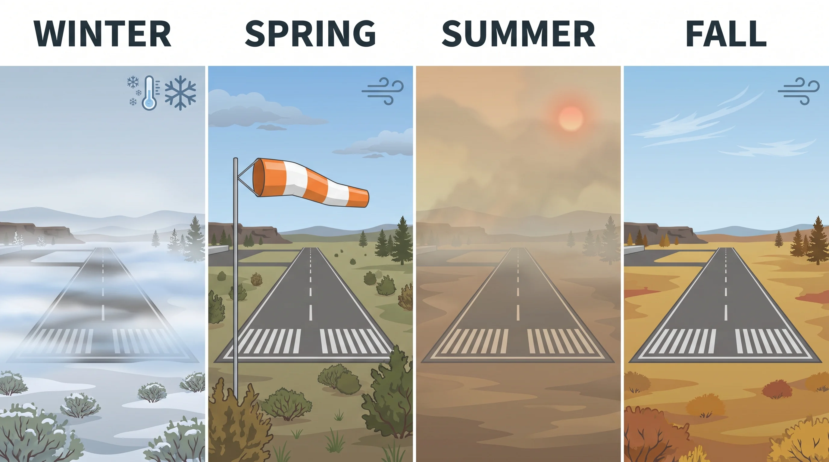 A seasonal delay-risk calendar for Redmond airport showing fog, smoke, and wind windows