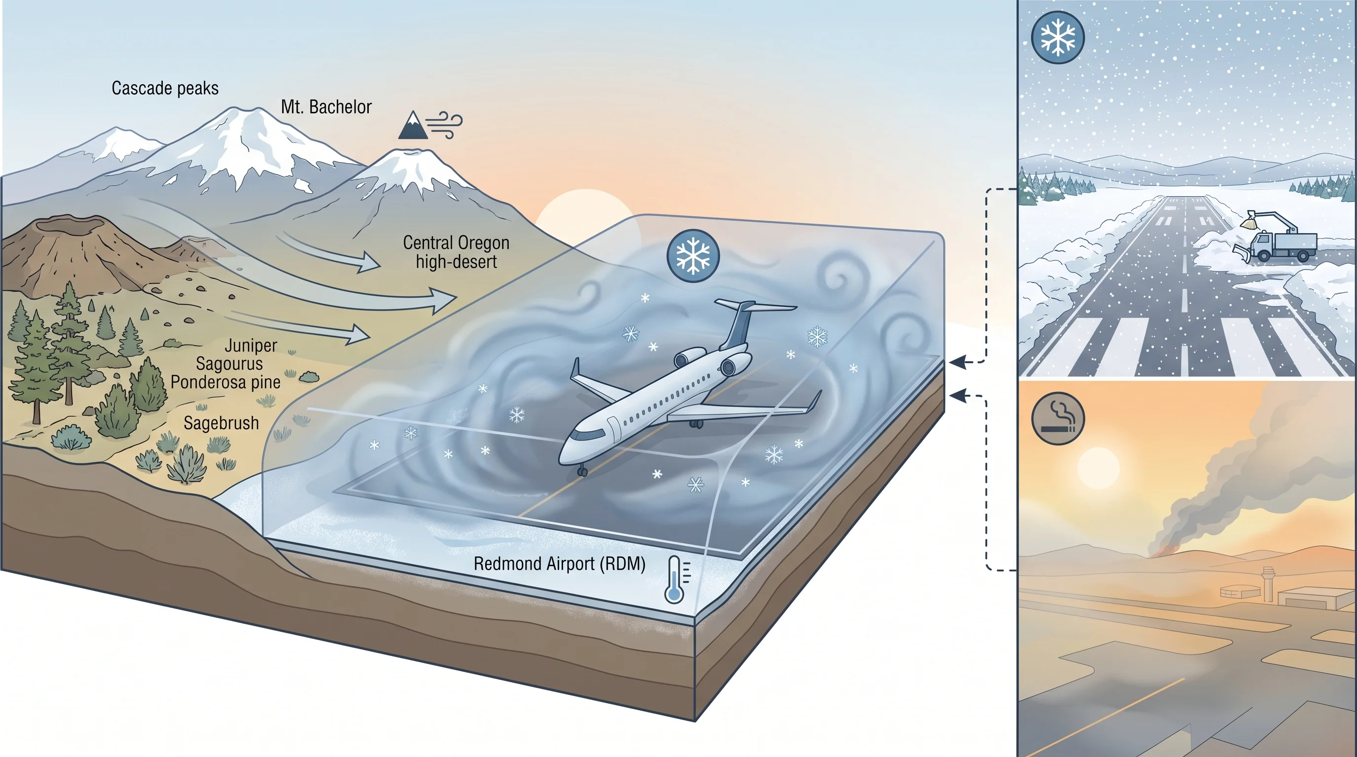 A seasonal delay-risk calendar for Redmond airport showing fog, smoke, and wind windows