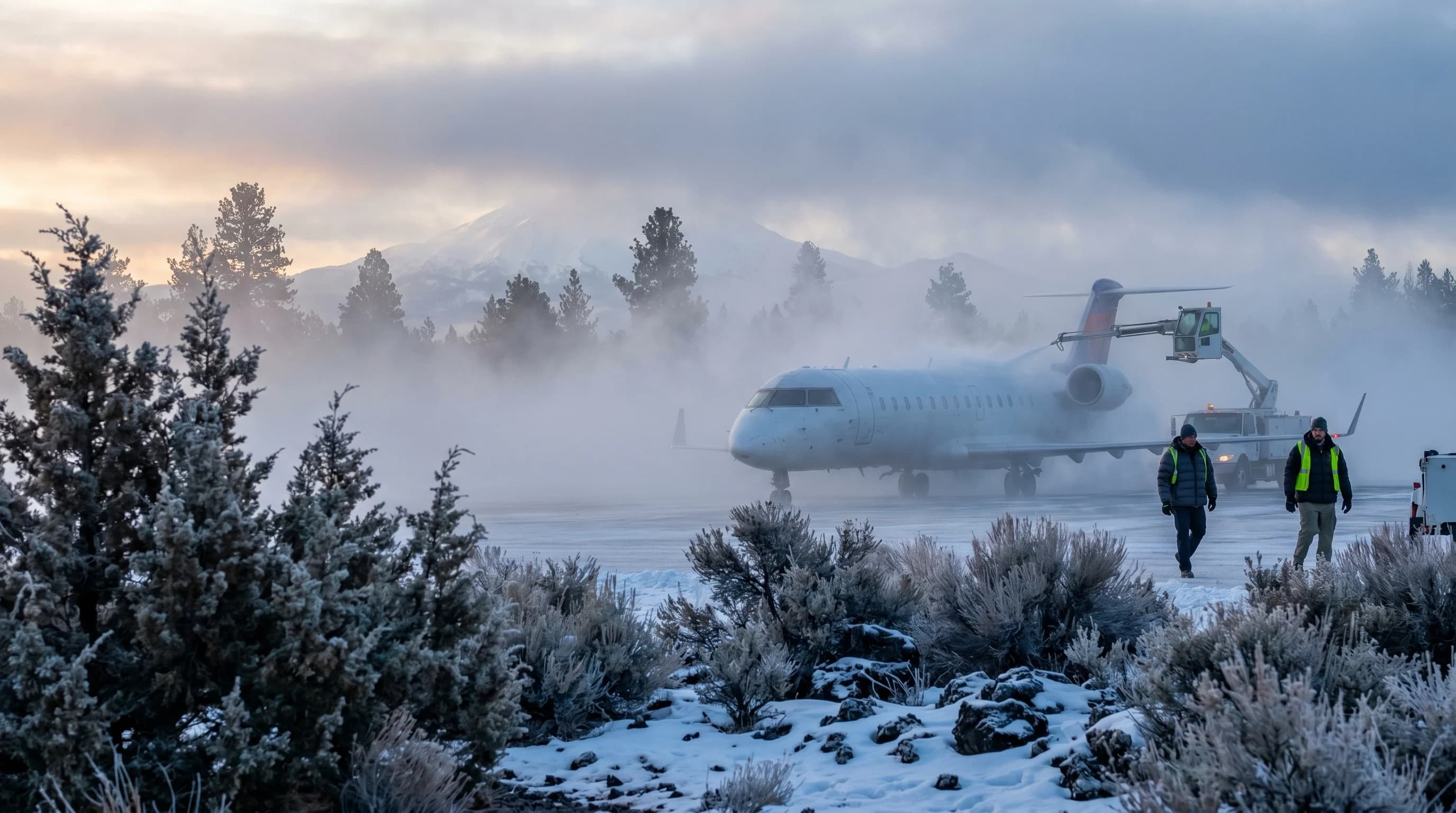 A regional jet on the Redmond airport tarmac in winter freezing fog at dawn with low visibility