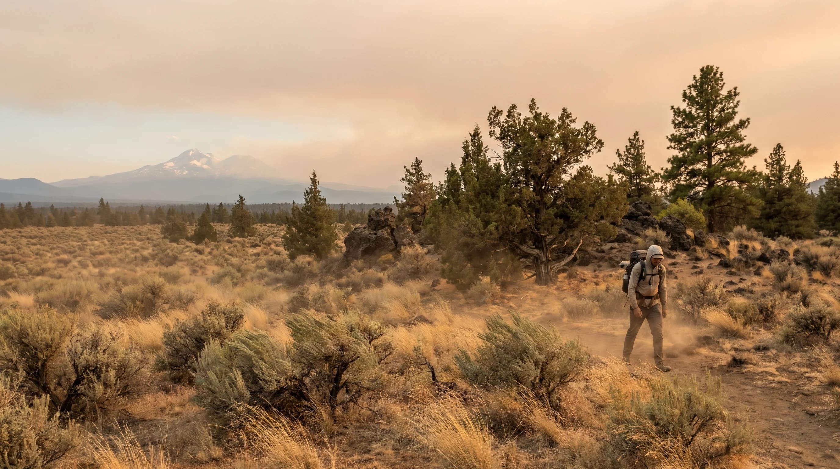 A hot, windy, tinder-dry Central Oregon high desert under a hazy fire-season sky with blowing dry grass