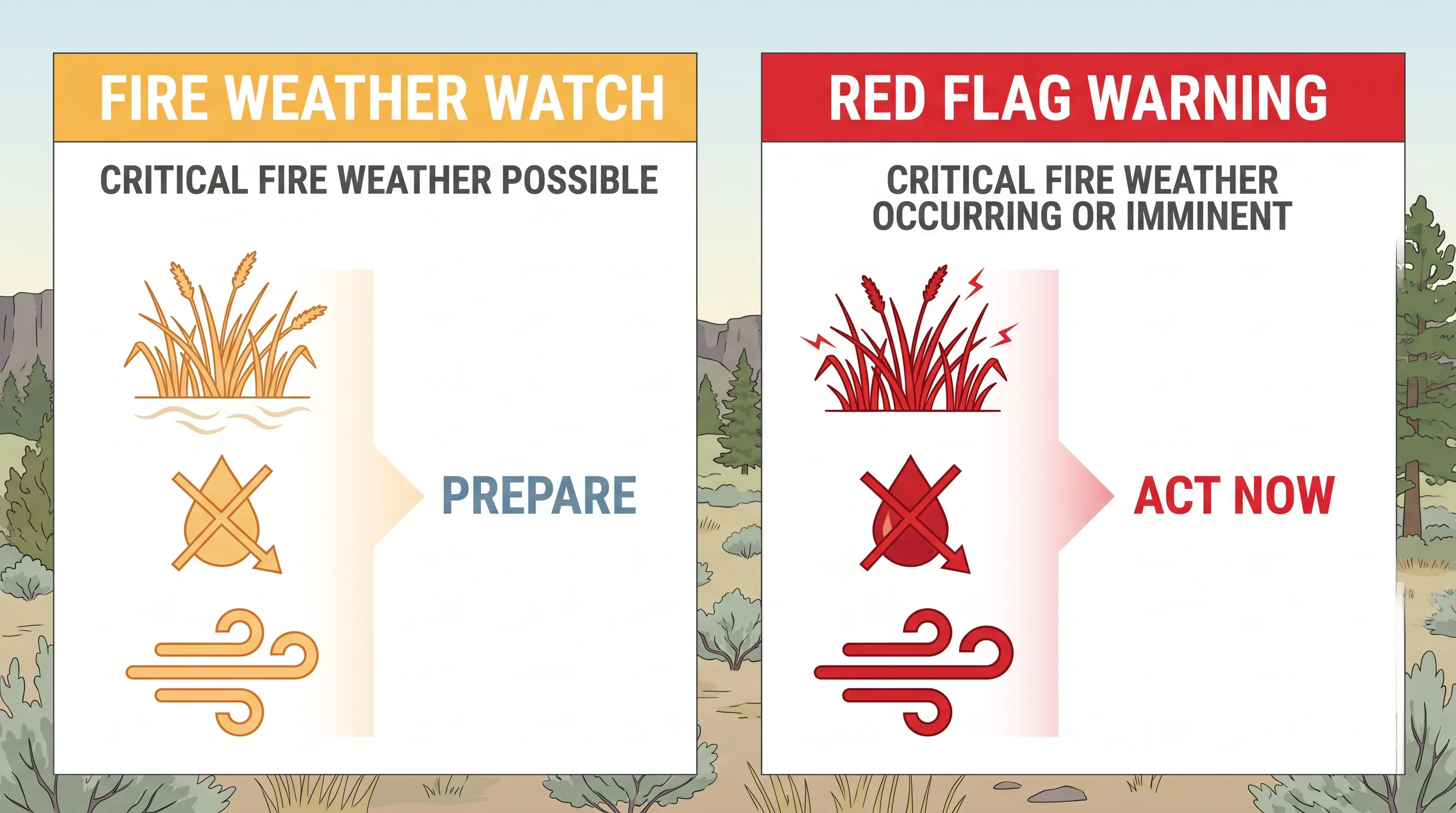 Comparison of a Fire Weather Watch and a Red Flag Warning with timing and recommended actions