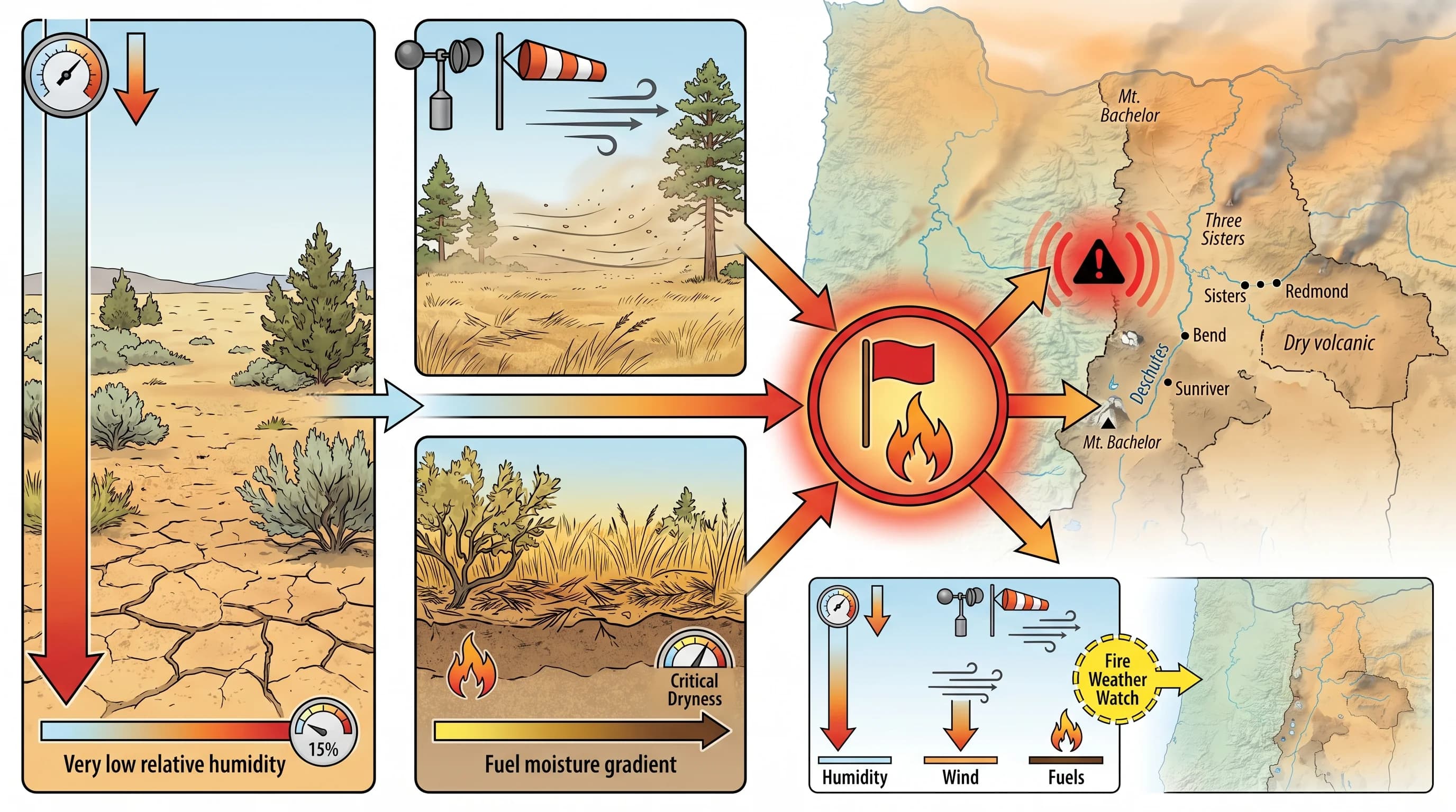Comparison of a Fire Weather Watch and a Red Flag Warning with timing and recommended actions