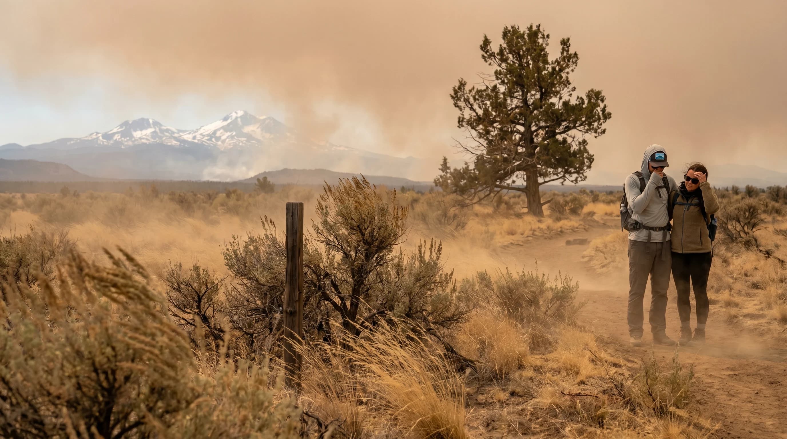 A hot, windy, tinder-dry Central Oregon high desert under a hazy fire-season sky