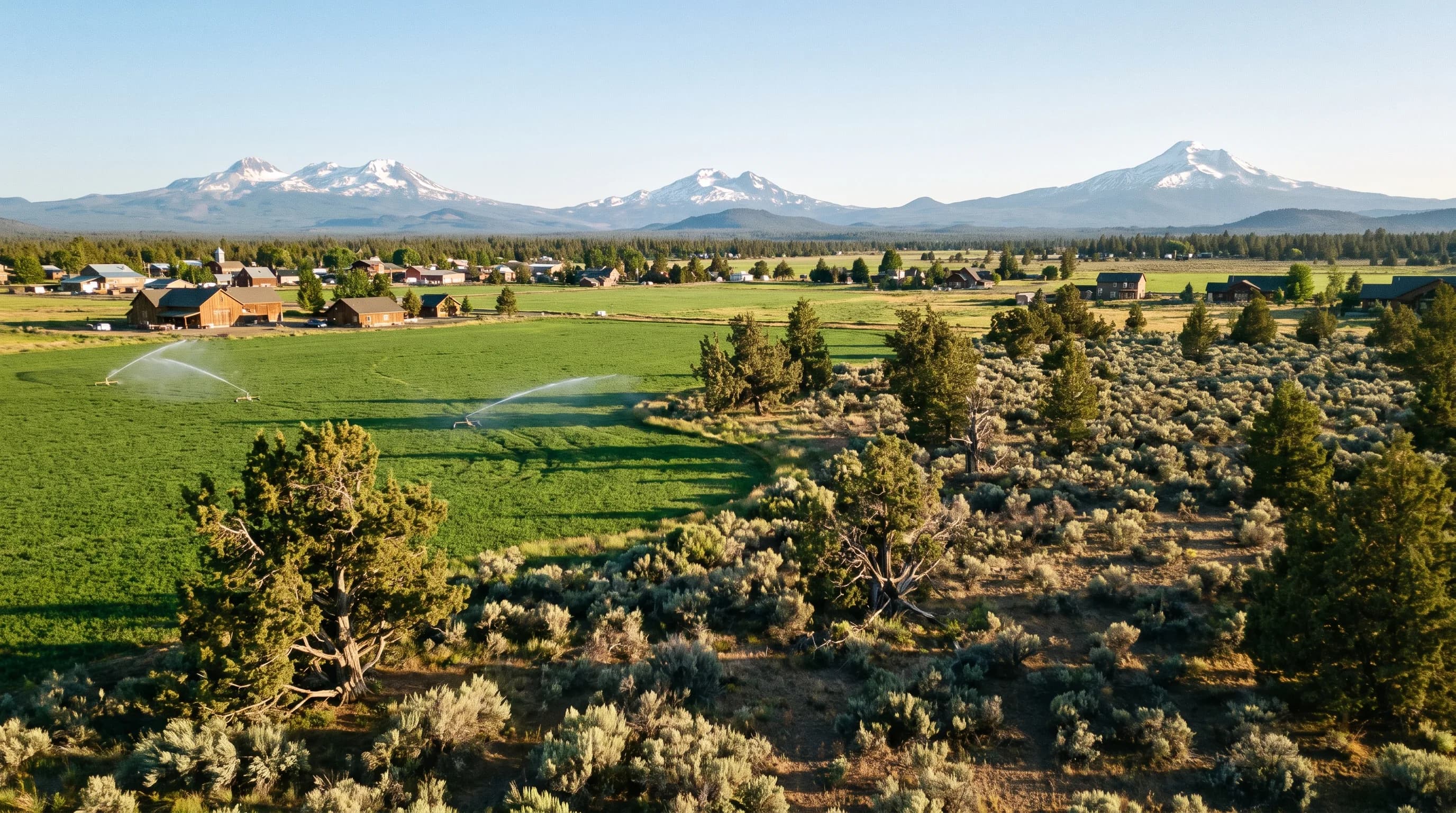 Irrigated fields and juniper at the edge of a high-desert town on a clear summer evening with distant snowy peaks