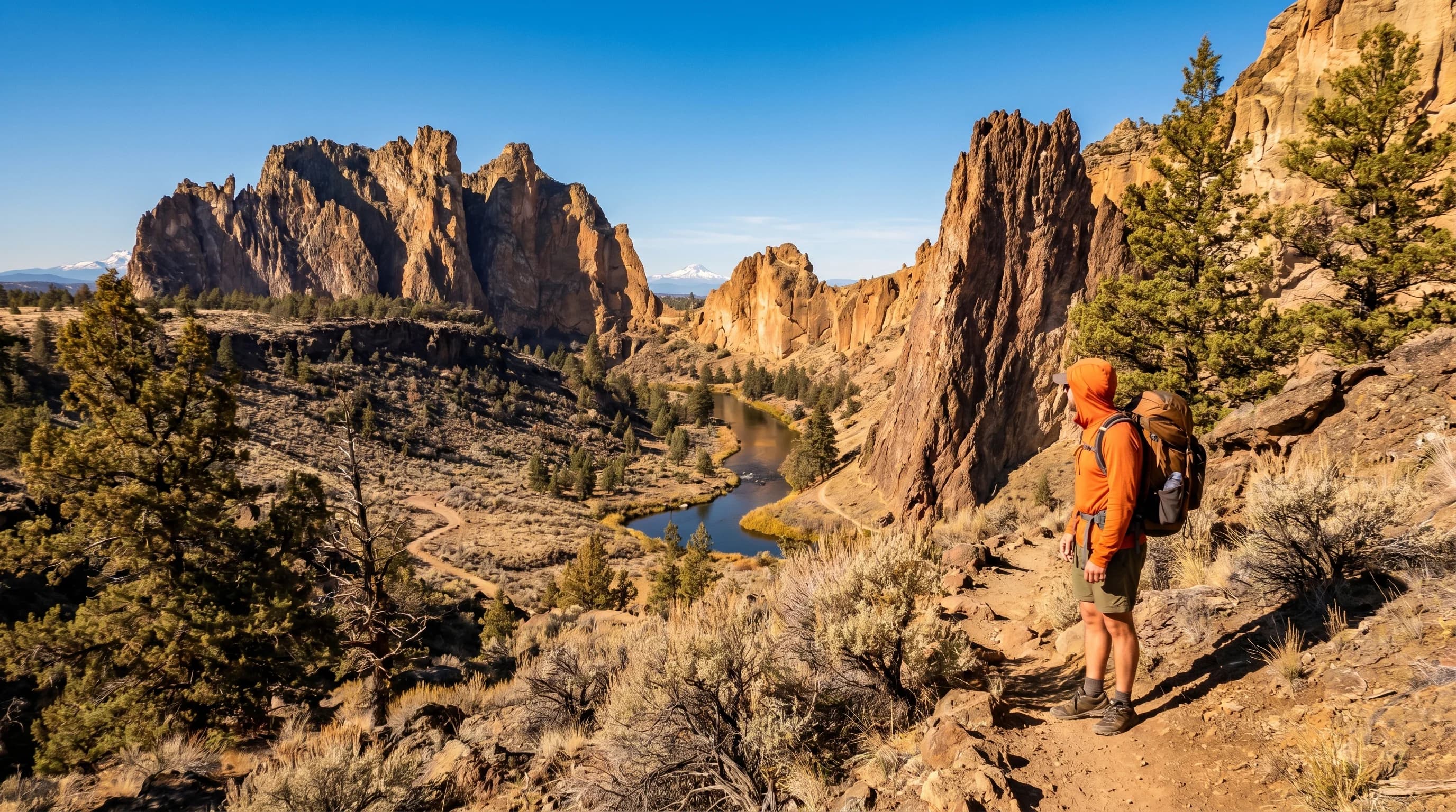 Smith Rock spires above the Crooked River under a clear high-desert sky with a hiker on Misery Ridge