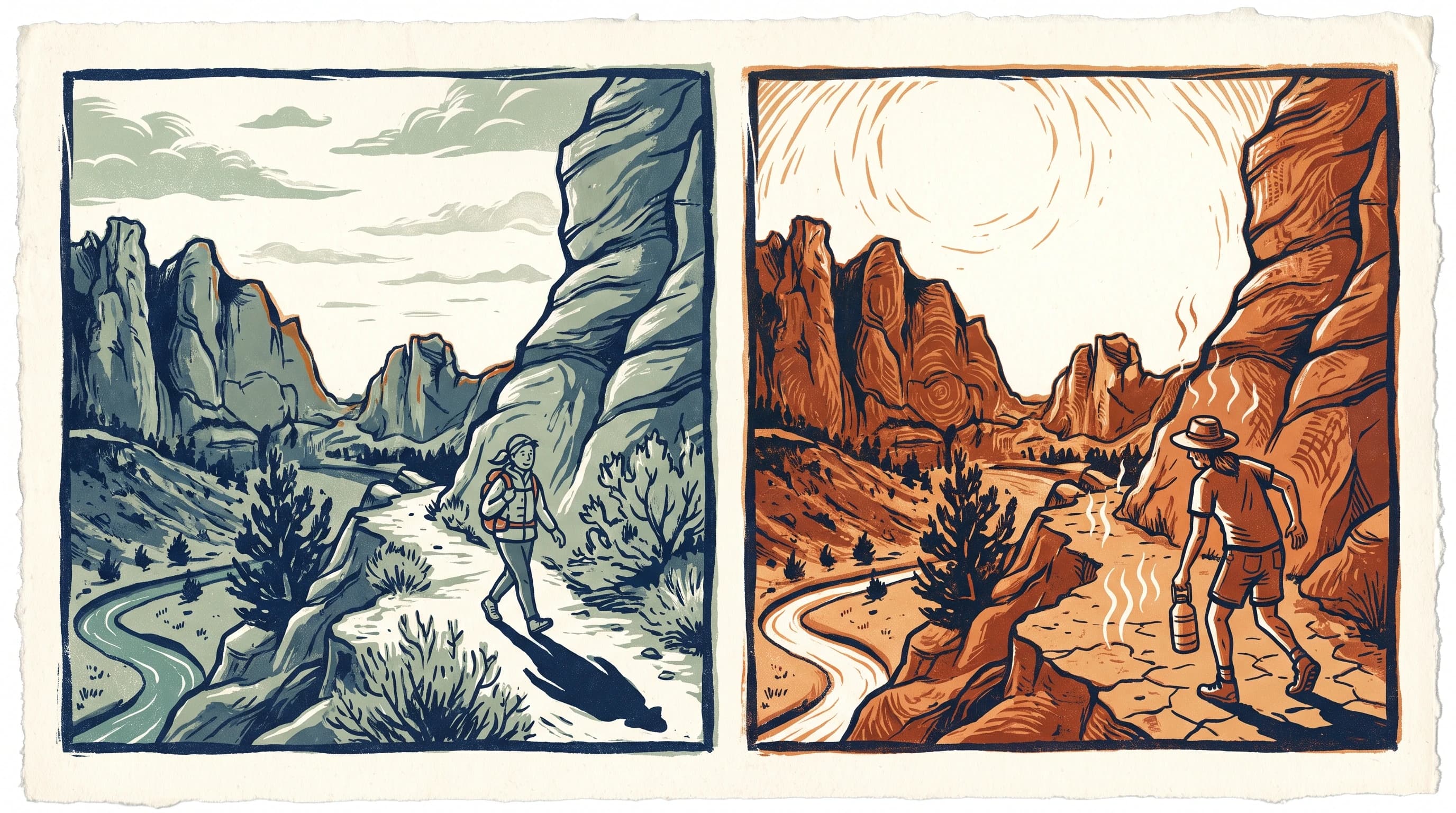Smith Rock on a hot exposed summer afternoon versus an ideal cool spring morning, side by side